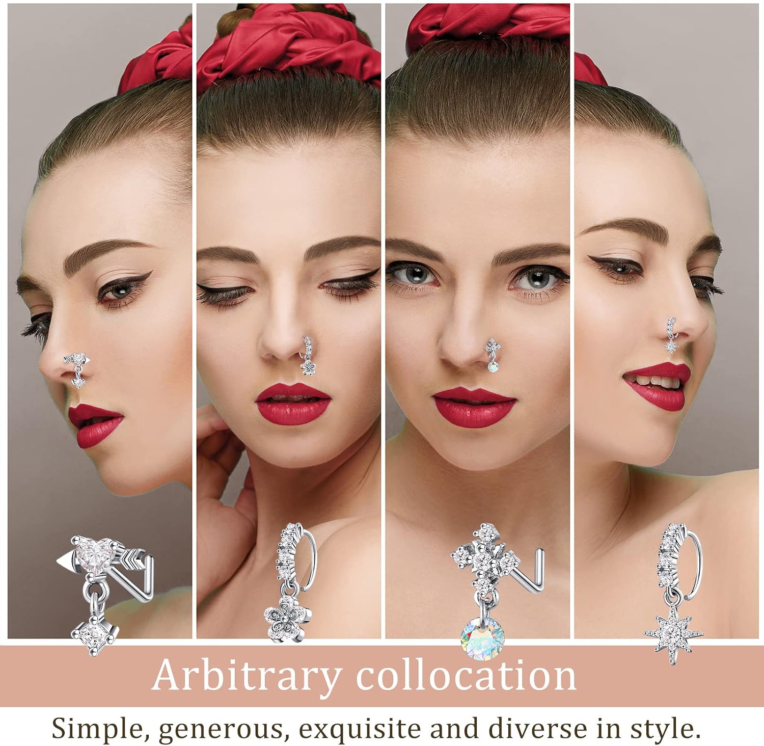 48 Pcs Dangle Nose Rings for Women Nose Piercings Jewelry Studs Hoops with Charm Stainless Steel Indian Nostril Rings for Women