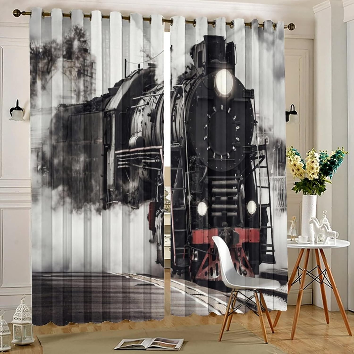 Retro Train Curtains - Rustic Vintage Railway Native American Western Theme Steam Train Window Curtain Room Darkening Blackout Curtains Thermal Insulated Grommet Curtains 2 Panels 63L x 31.5W