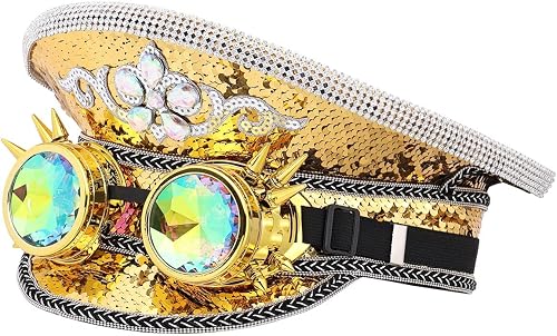 GRACEART Women's Burning Man Sequin Hat Mucis Festival Military Captain Hats Steampunk Caps with Goggles