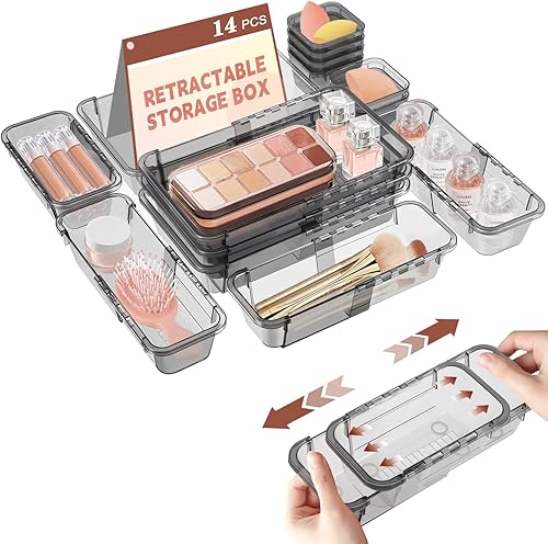 Organizador de cajones transparente de 14 piezas, caja de almacenamiento de cajones ajustables, organizador de cajones de escritorio de 3 tamaños,