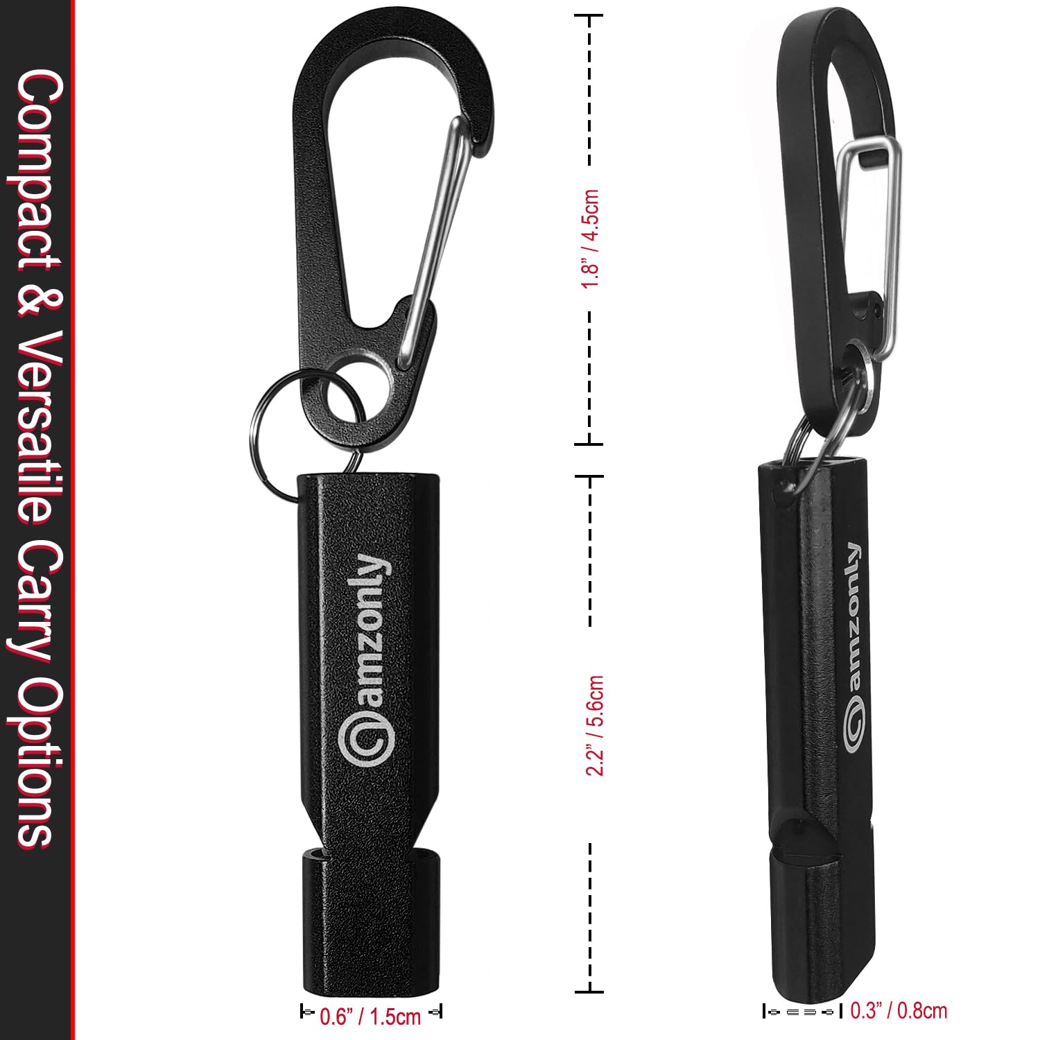 Amzonly Silbatos de emergencia, silbato de seguridad de 120 dB con clip de mosquetón para llavero, supervivencia fuerte para camping, senderismo, barco, 2 unidades, color negro