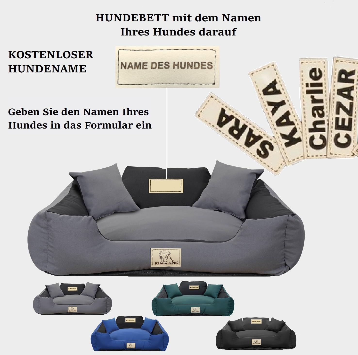 KING DOG Hundebett Grosse Hunde Waschbar L 100 x 75 cm Hundekissen Hundekorb Personalisiert - Name des Hundes Mit Reißverschluss Abnehmbares Kissen rutschfeste Unterseite Silikon Füllung Grau