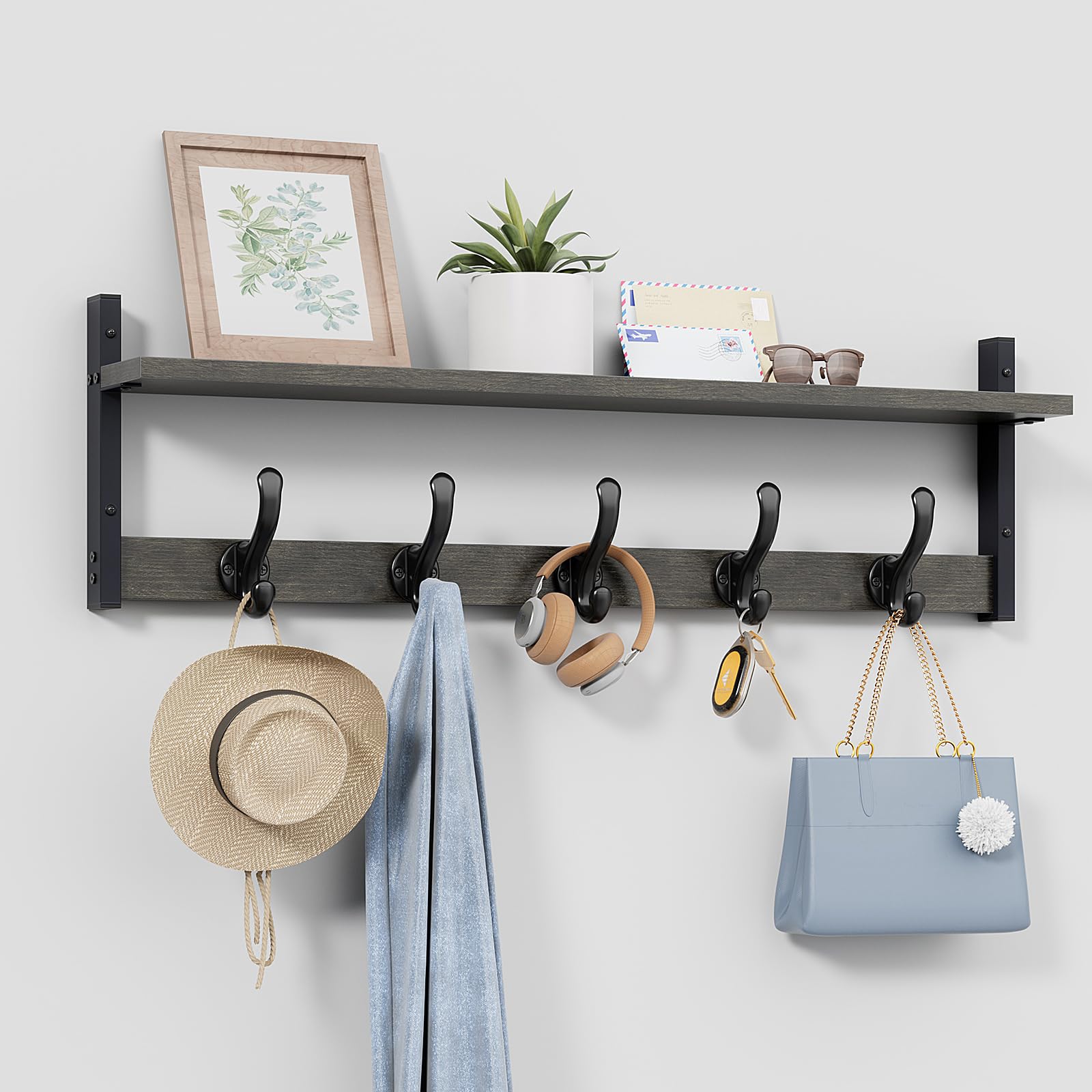 Tatub 29" Rustic Coat Rack Wall Mount with Shelf, Entryway Wall Hooks with Shelf, Coat Hangers for Bathroom, Living Room, Bedroom, Dark Grey