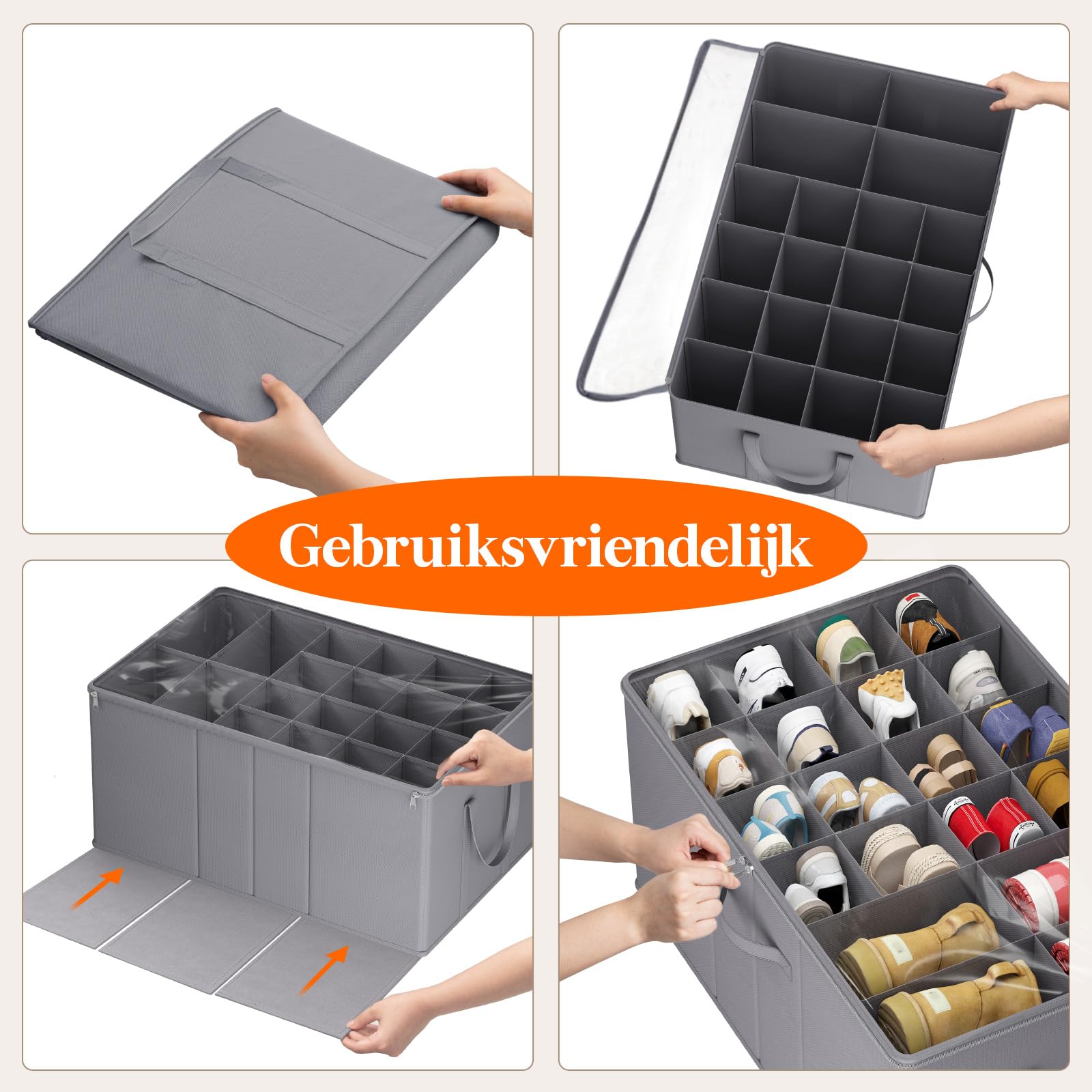 VERONLY Schoenopslag met deksel, schoenenorganizer met 16 vakken, opvouwbare schoenenkast met kijkvenster, 4 netvakken, etiket voor platte schoenen, gymschoenen, pantoffels (44 x 40 x 30 cm