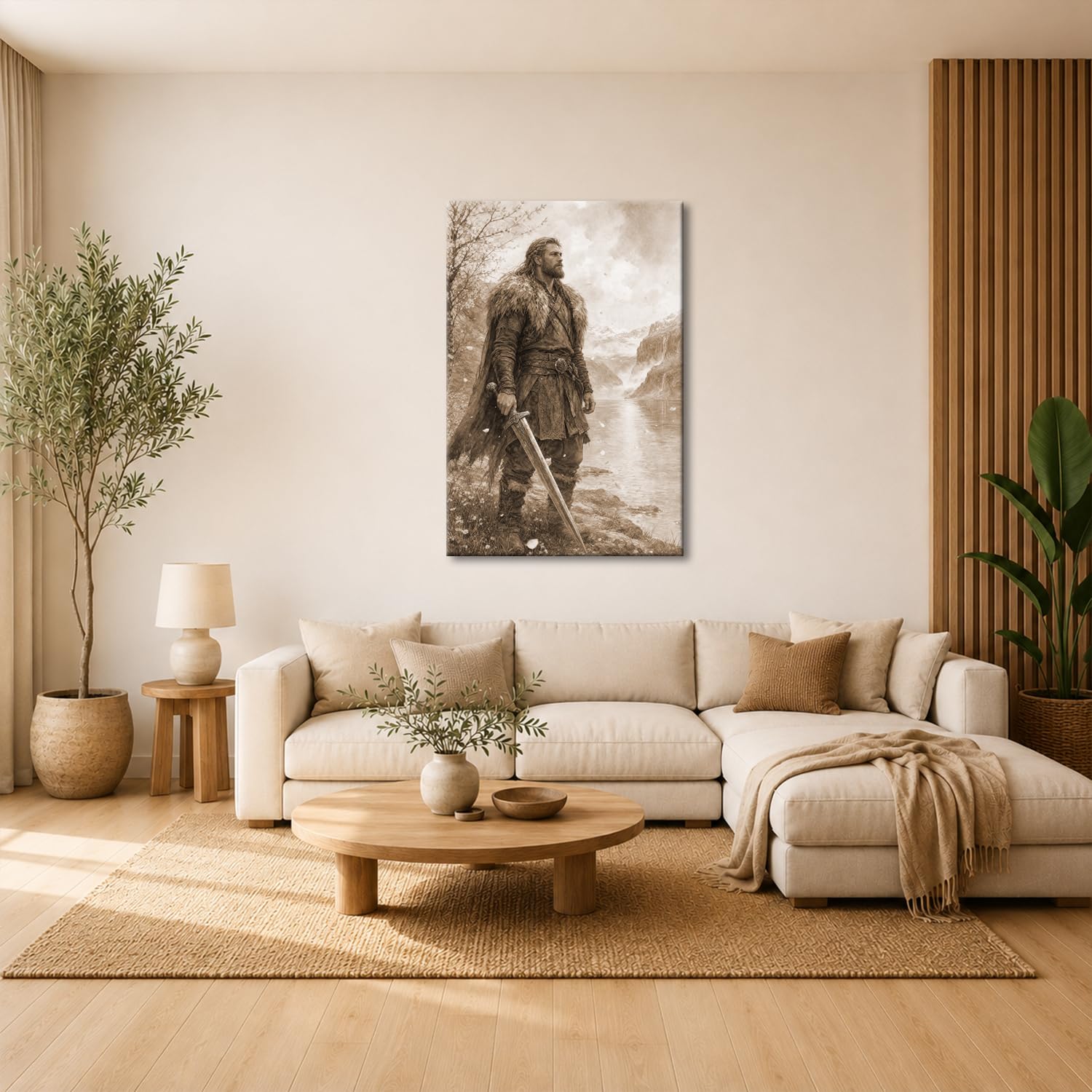 deyoli Obraz na płótnie Wikingowie z mieczem nad jeziorem przed górami 60 x 40 cm Sepia