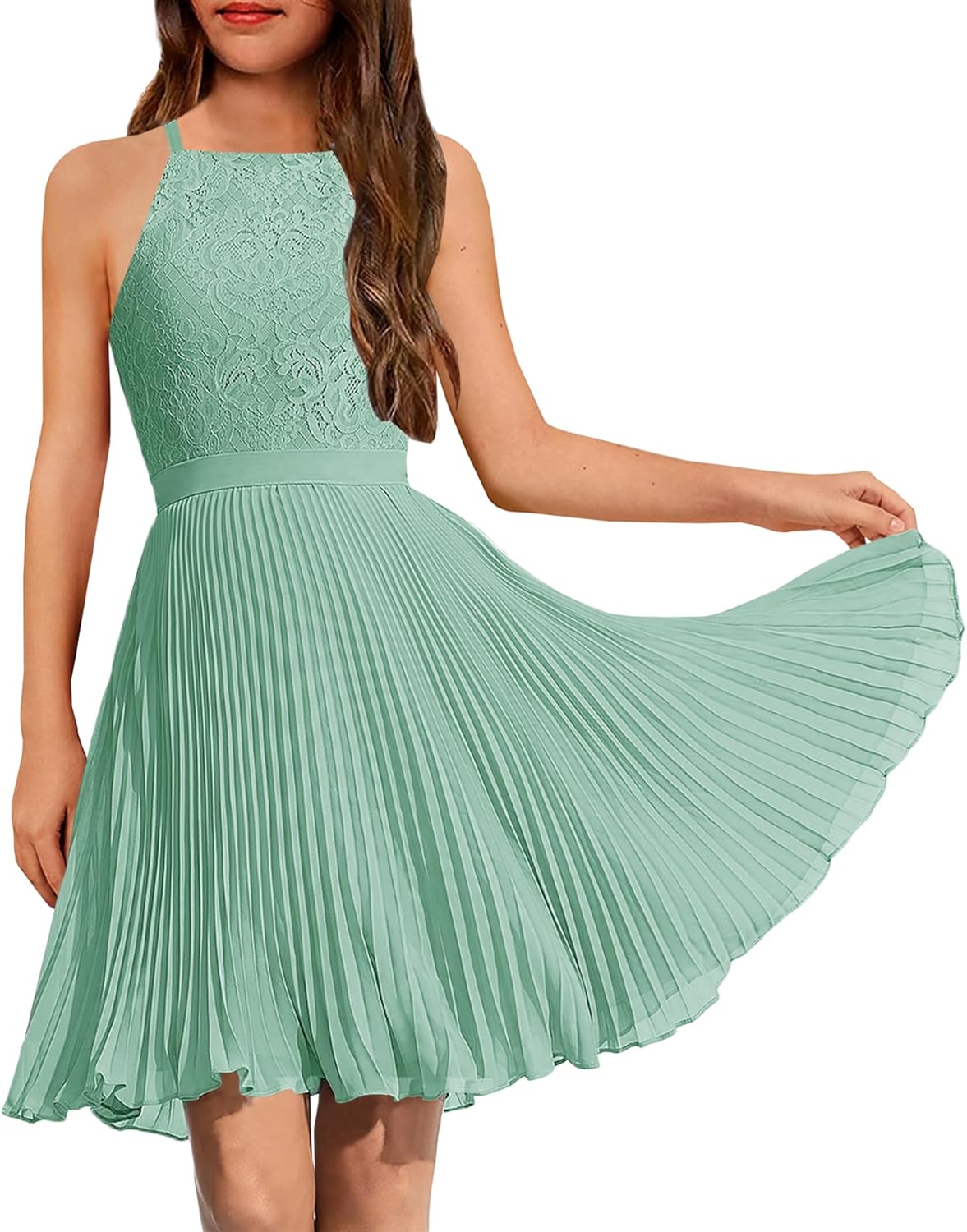 HOSIKA Girls Halter Neck Summer Sleeveless Elegant Floral Lace Chiffon A-Line Flared Swing Party Dress for 6-12 Y