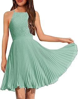 HOSIKA Flower Girls Dress Elegant Lace Formal Junior Bridesmaid Dresses | For 6-12Y, Lace Bodice, Halter Neck, Sleeveless, Chiffon Pleated Hem, A-Line, for Wedding Party, Baptism, Birthday, Holiday