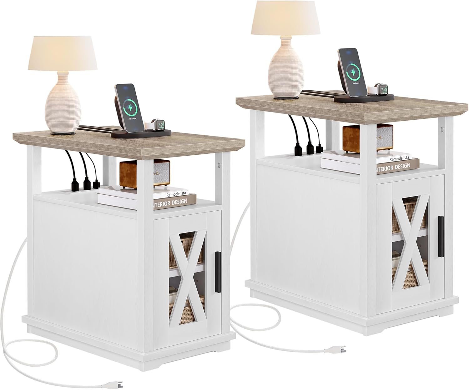 (incomplete box 1/2) YITAHOME End Table with Charging Station, Narrow Side Table with Storage Adjustable Shelf, Farmhouse Nightstand with Door, End Tables Living Room Set of 2, Grey Wash 2 PCS