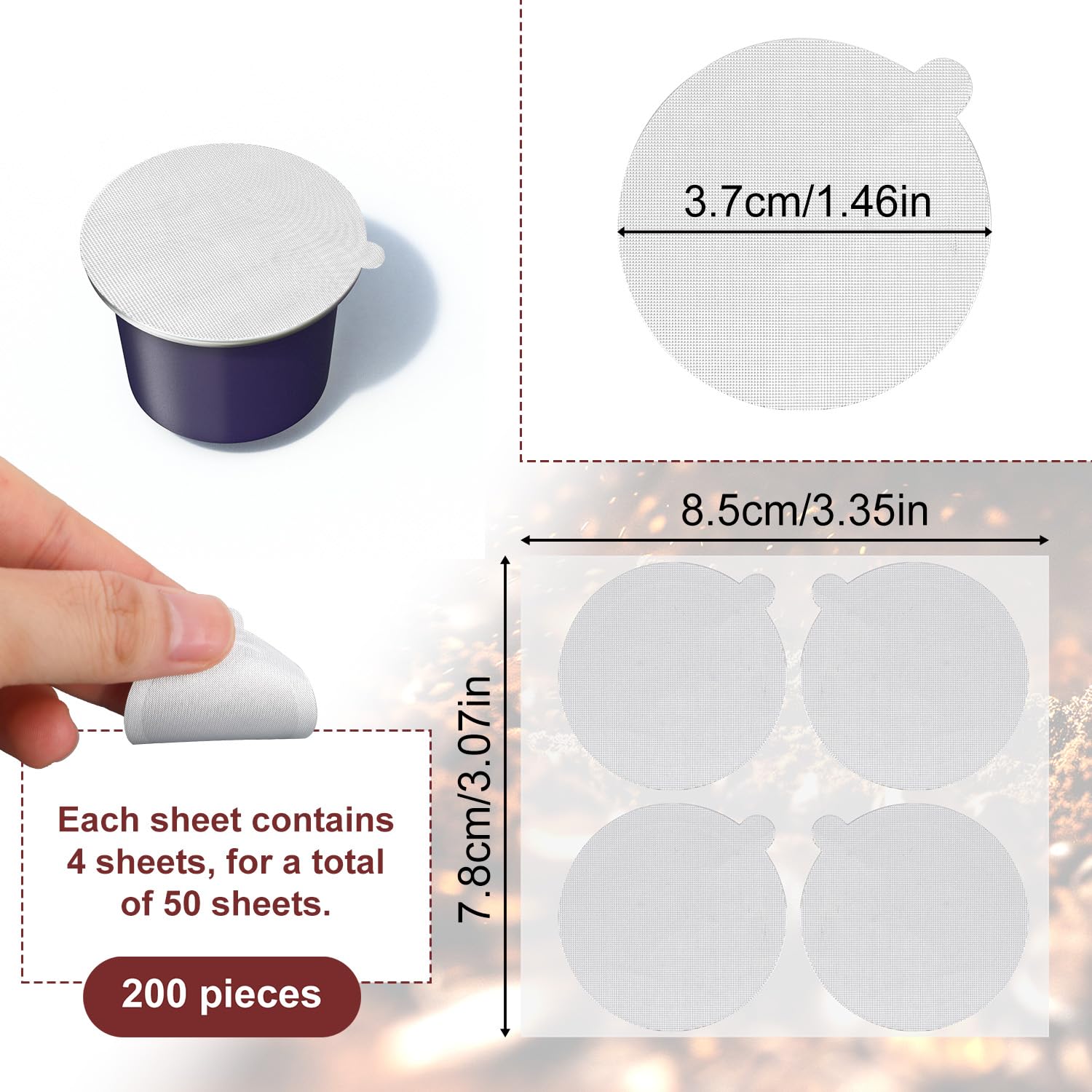 200szt Kapsułek do Kawy Espresso, Foliowe Plomby Aluminiowe Wieczka Espresso 37mm Samoprzylepne Naklejki do Kapsułek Wielokrotnego Użytku Kompatybilne z Ekspresami Nespresso Original Line