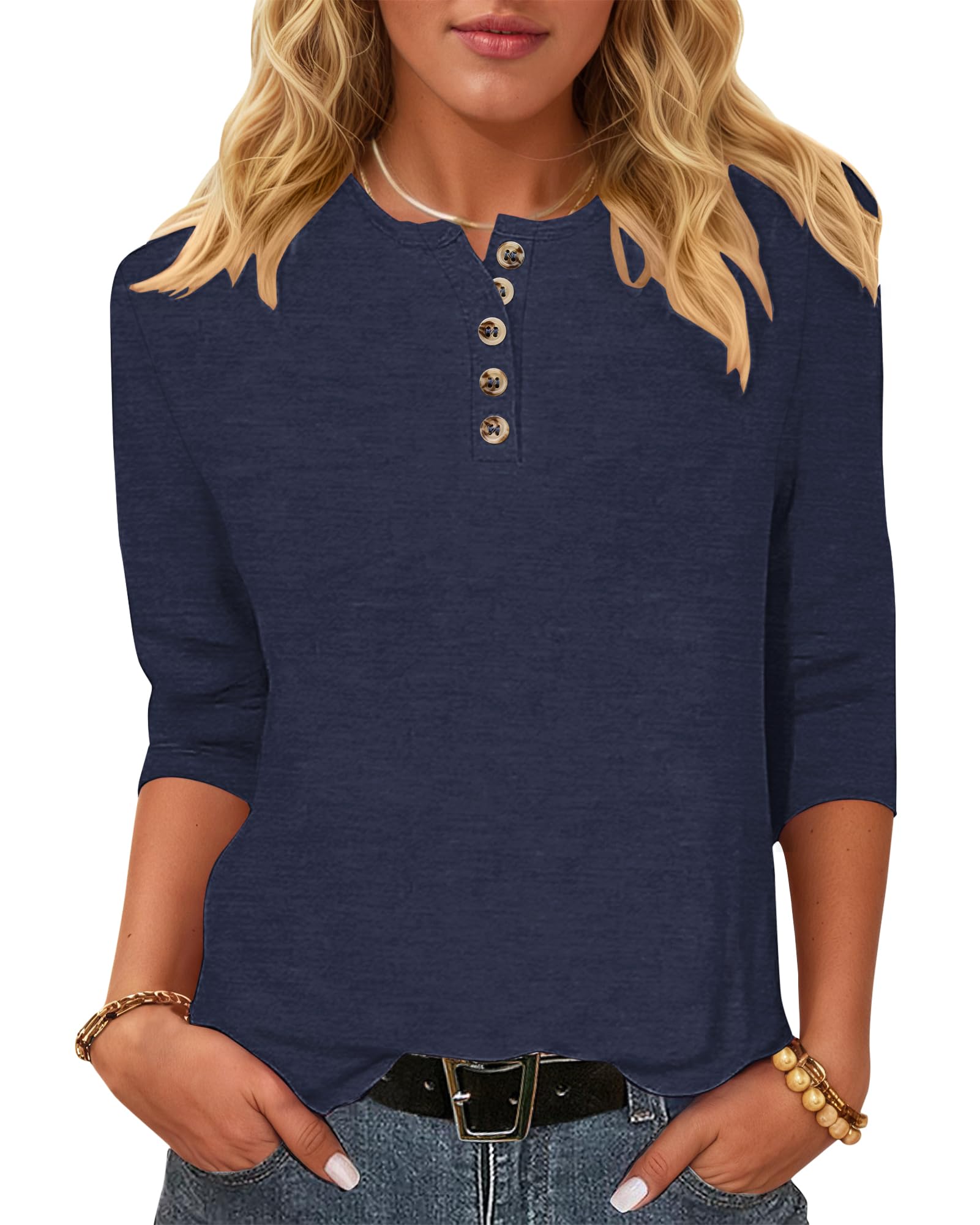 WNEEDU T-Shirt Damen 3/4 Arm Bluse - Henley Shirt Rundhals Tshirt Leichte Pullover Lässig Tops Basic Ganzjahres Oberteile mit Knöpfe