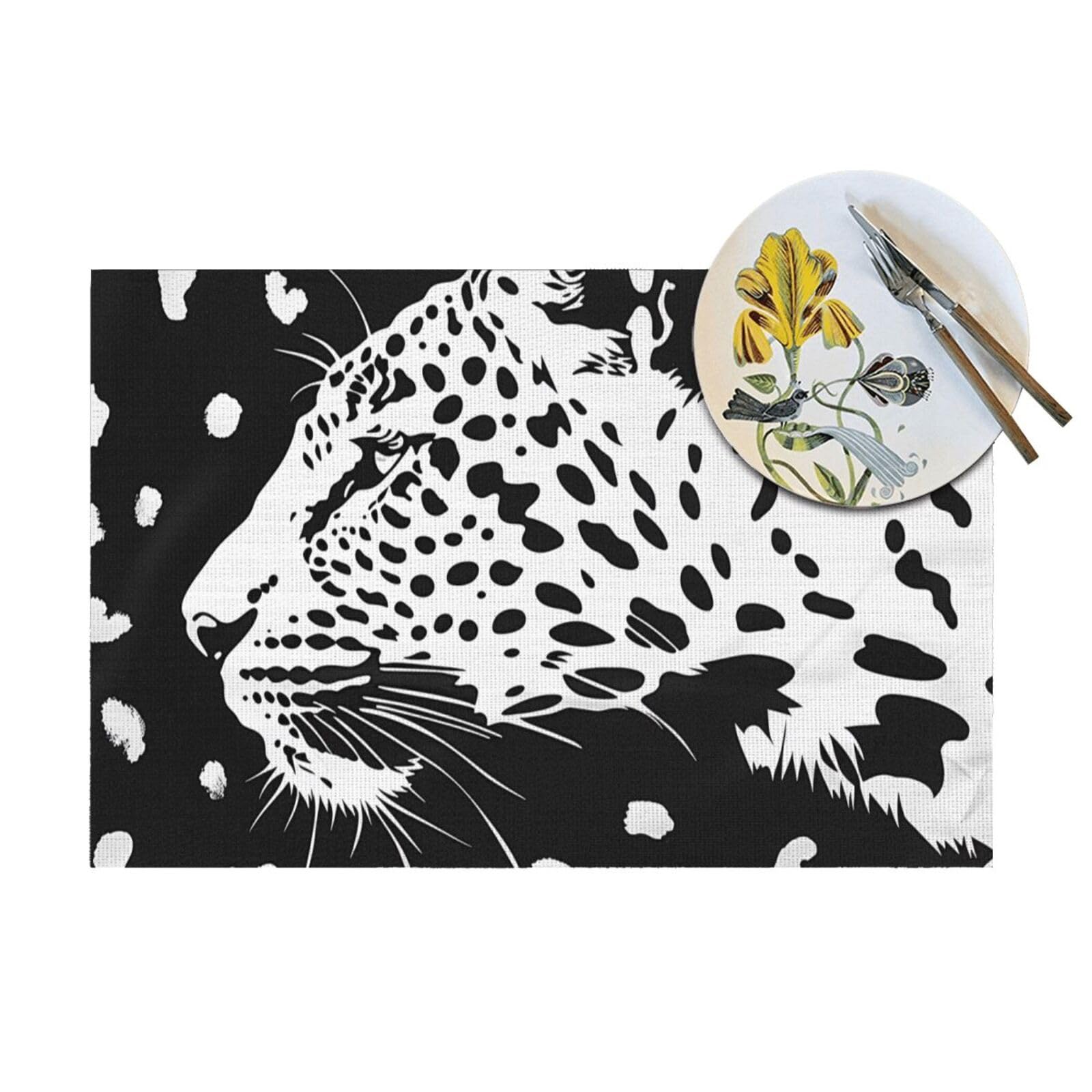 Set di 6 tovagliette con stampa leopardata nera, in PVC intrecciato resistente al calore, per tavolo da pranzo, per interni ed esterni, 45 x 30 cm