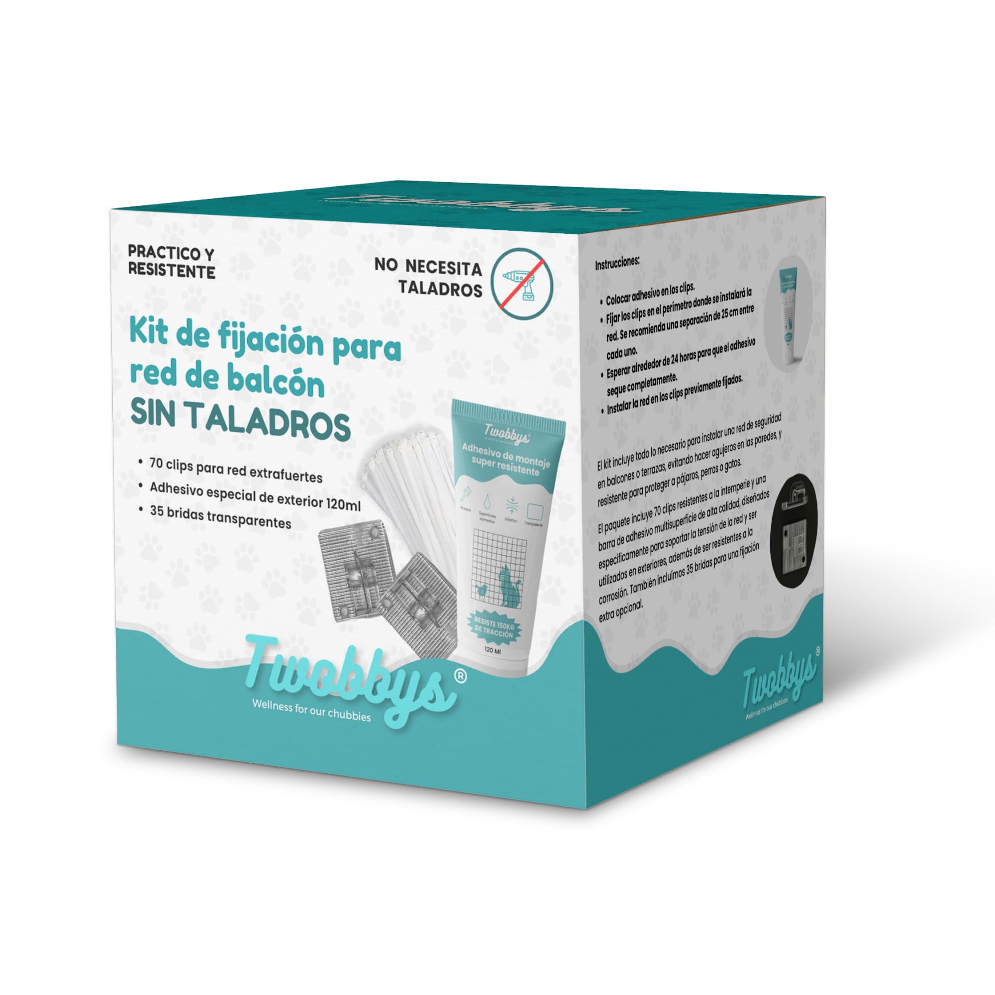 Twobbys® Pack de Fijación Red Sin Taladros | 70 Ganchos para Red + Adhesivo Extrafuerte 120ml + Bridas | Kit para Red Gatos Terraza | Montaje Fácil | Anti UV | Red Gatos Balcon, Terraza y Ventanas