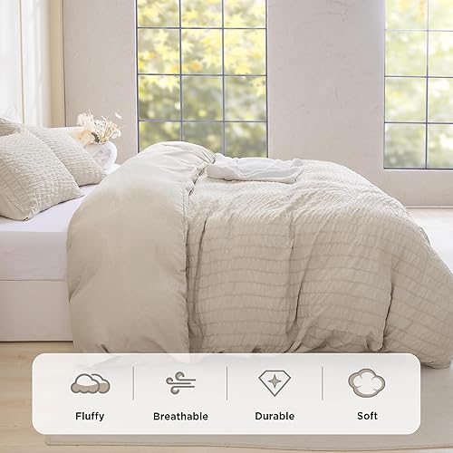 Miniatura 4 de Litanika Juego de edredón de sirsaca beige tamaño Queen, juego de ropa de cama y colecciones de sirsaca ligero de 3 piezas, juego de cama suave como
