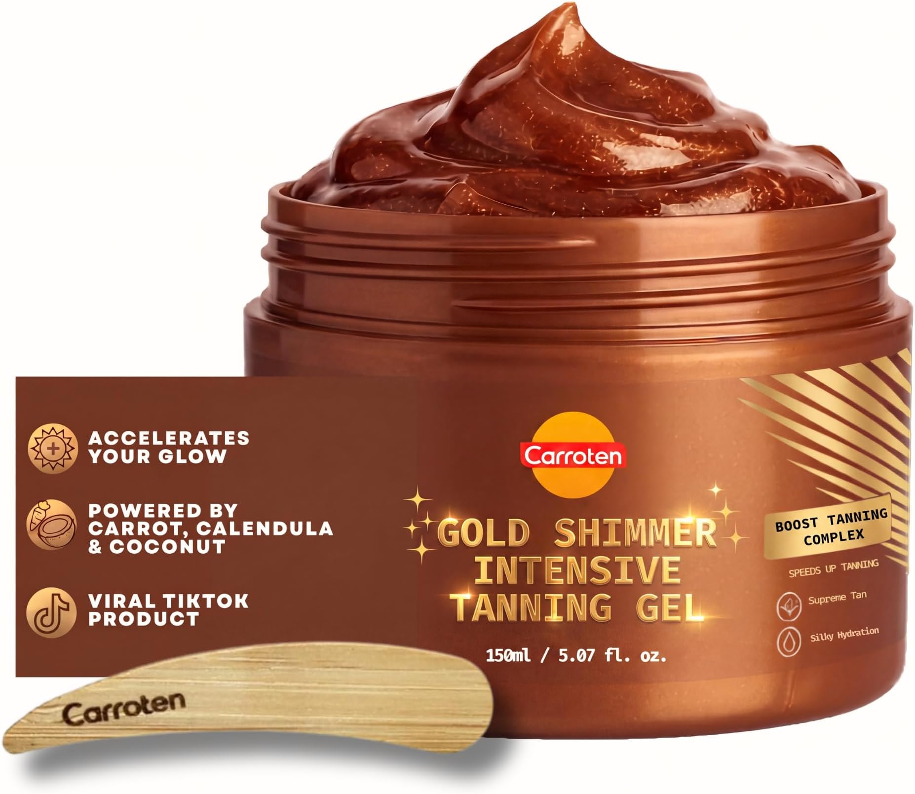 Carroten Gold Shimmer Tanning Gel, Browning Tan Accelerator, 5 oz + Spatula | Non-Greasy, Water-Resistant with Carrot & Coconut Oil, Vitamin A & E For Moisture & Hydration, Made in Greece