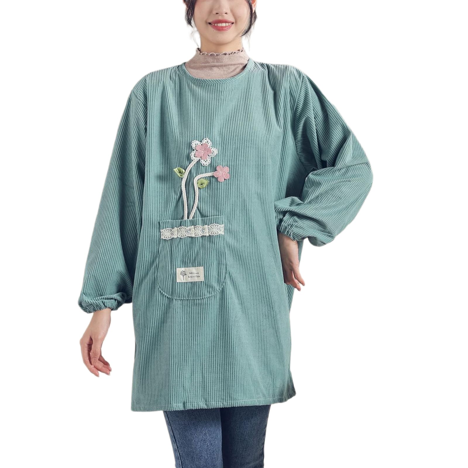 CBBEONRN Aprons for Women with Pockets, Suede Material Long Sleeve Aprons, for Teens Adult Smock Chef Cooking Green,One Size