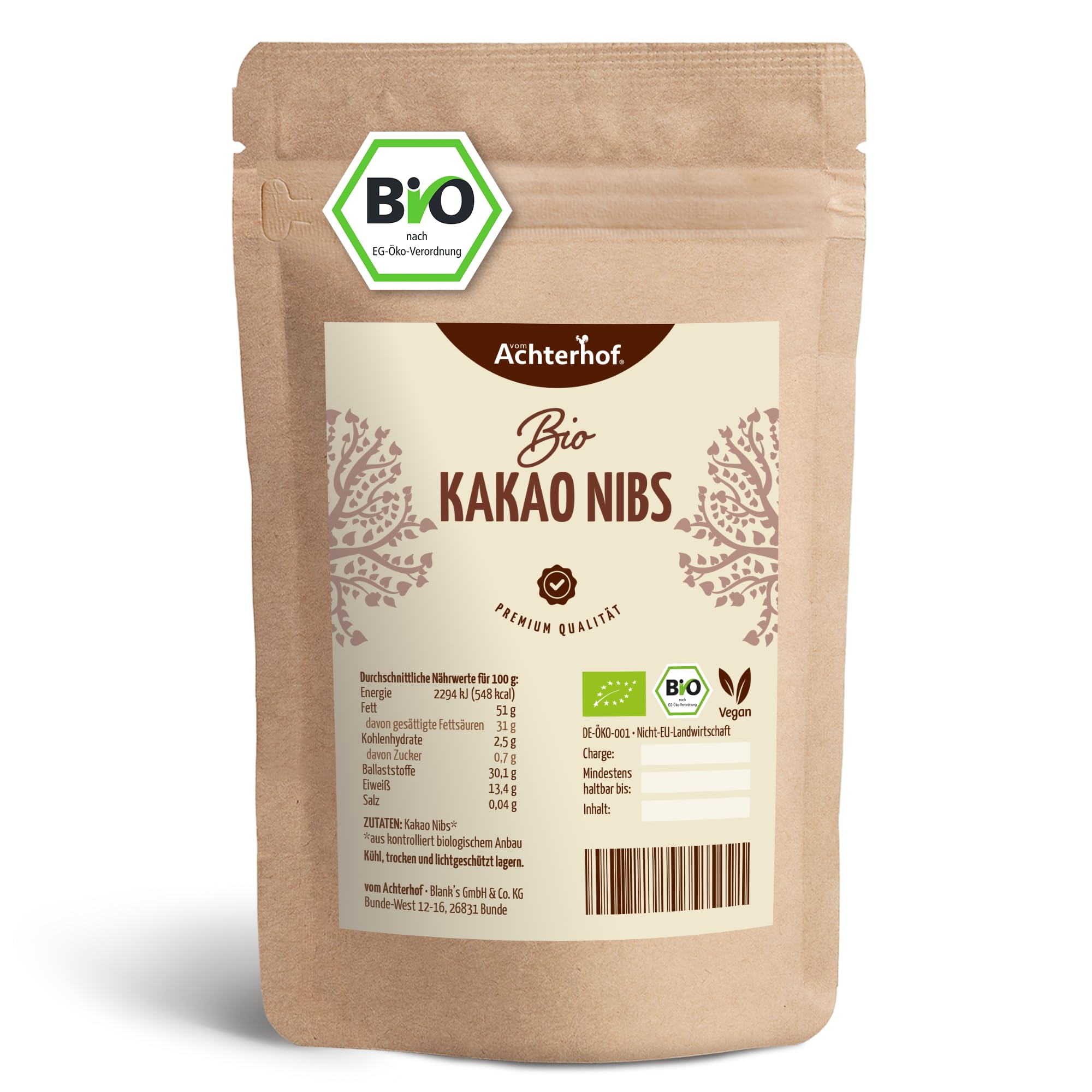 Kakaonibs Bio 1kg | aus der Criollo Kakao-Bohne | ohne Süßungsmittel | für Schokomuffins, Schokoglasuren, eine heiße Schokolade & als Zugabe in Porridges, Müslis & Co | vom Achterhof