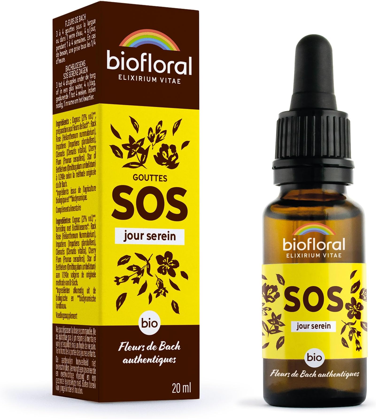 BIOFLORAL - SOS Secours Jour Serein BIO Demeter - Emotional Support - Authentic Bach Flowers - Dropper 20 ml
