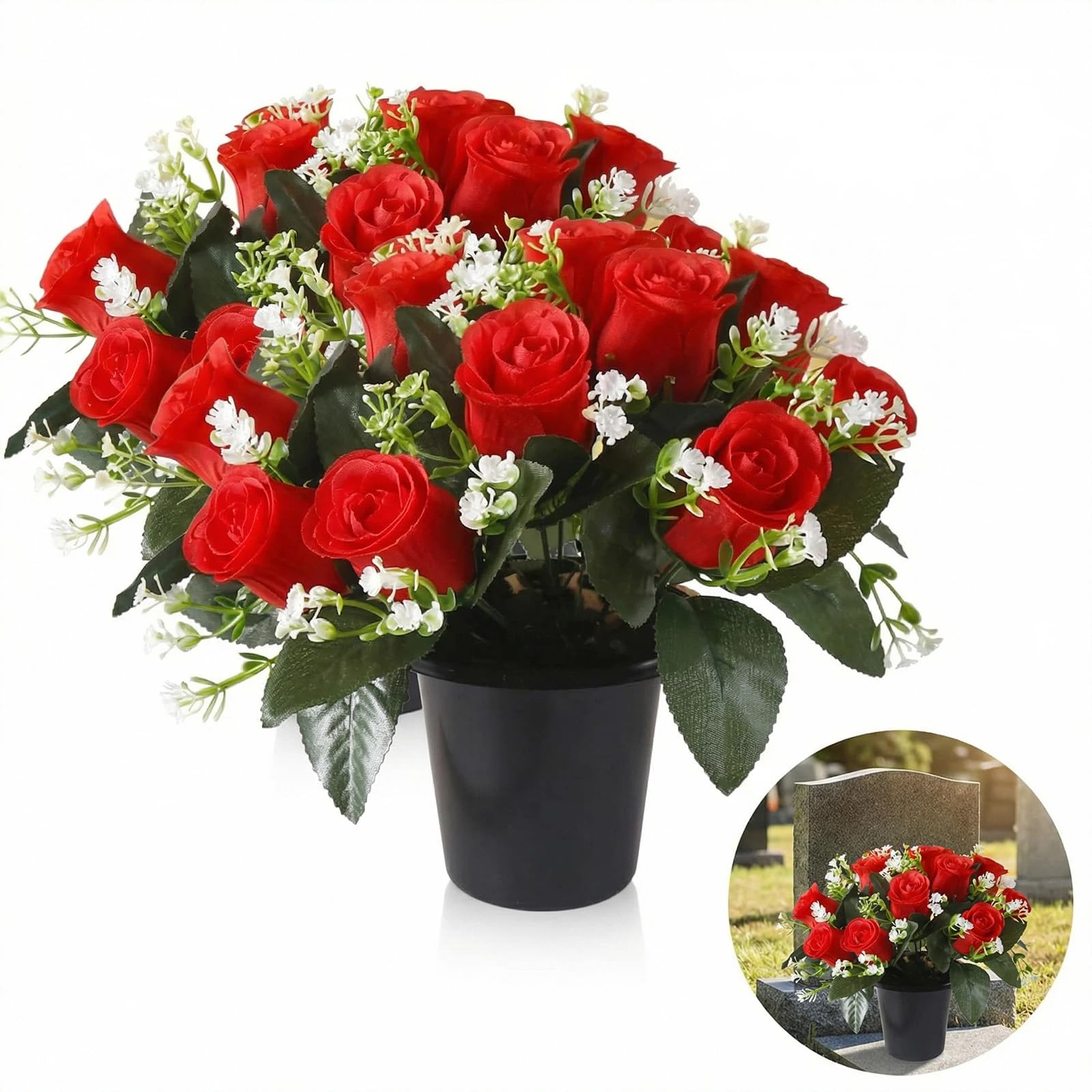 Fleurs pour tombes anti-décoloration : lot de 2 roses artificielles en soie rouge de 25 cm