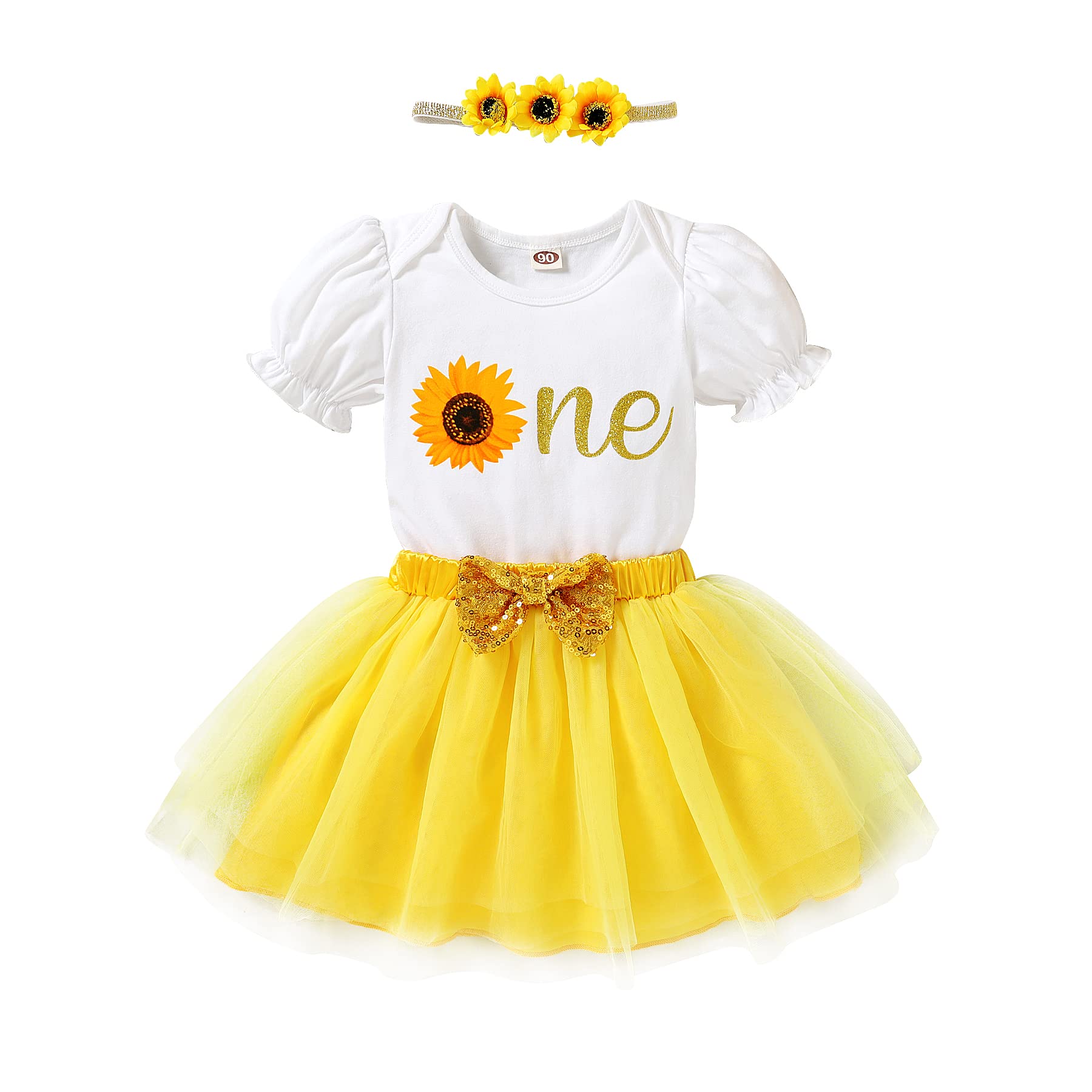 HAPPYMABaby Girls One 1st Birthday Outfit Bee Sunflower Romper Tulle Tutu Skirt Sequin Bow Party Clothes Set