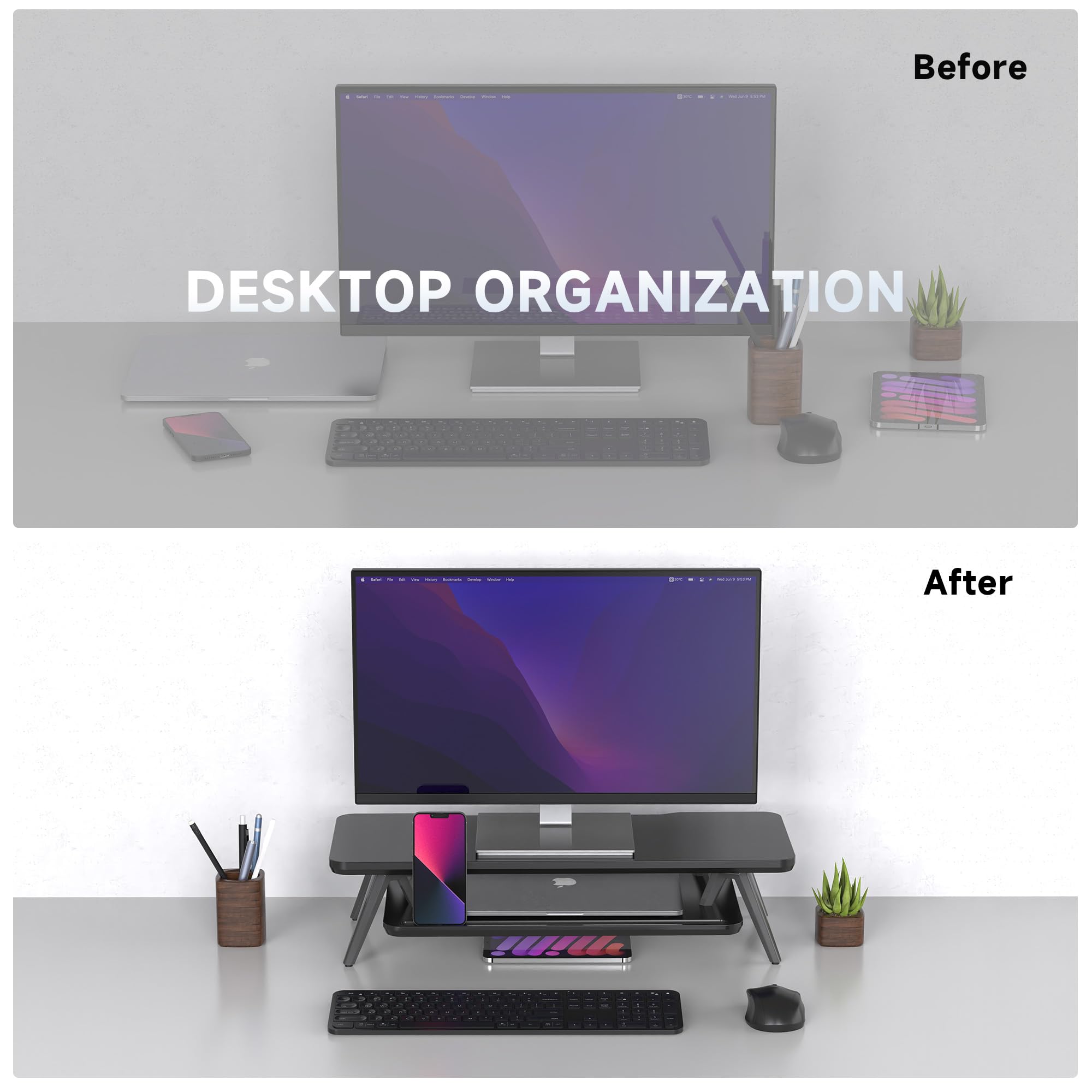 Soporte Monitor Fenge con Ranura para Smartphone, Tableta y Bolígrafo, Elevador de Escritorio Madera y Metal, 60cm Negro