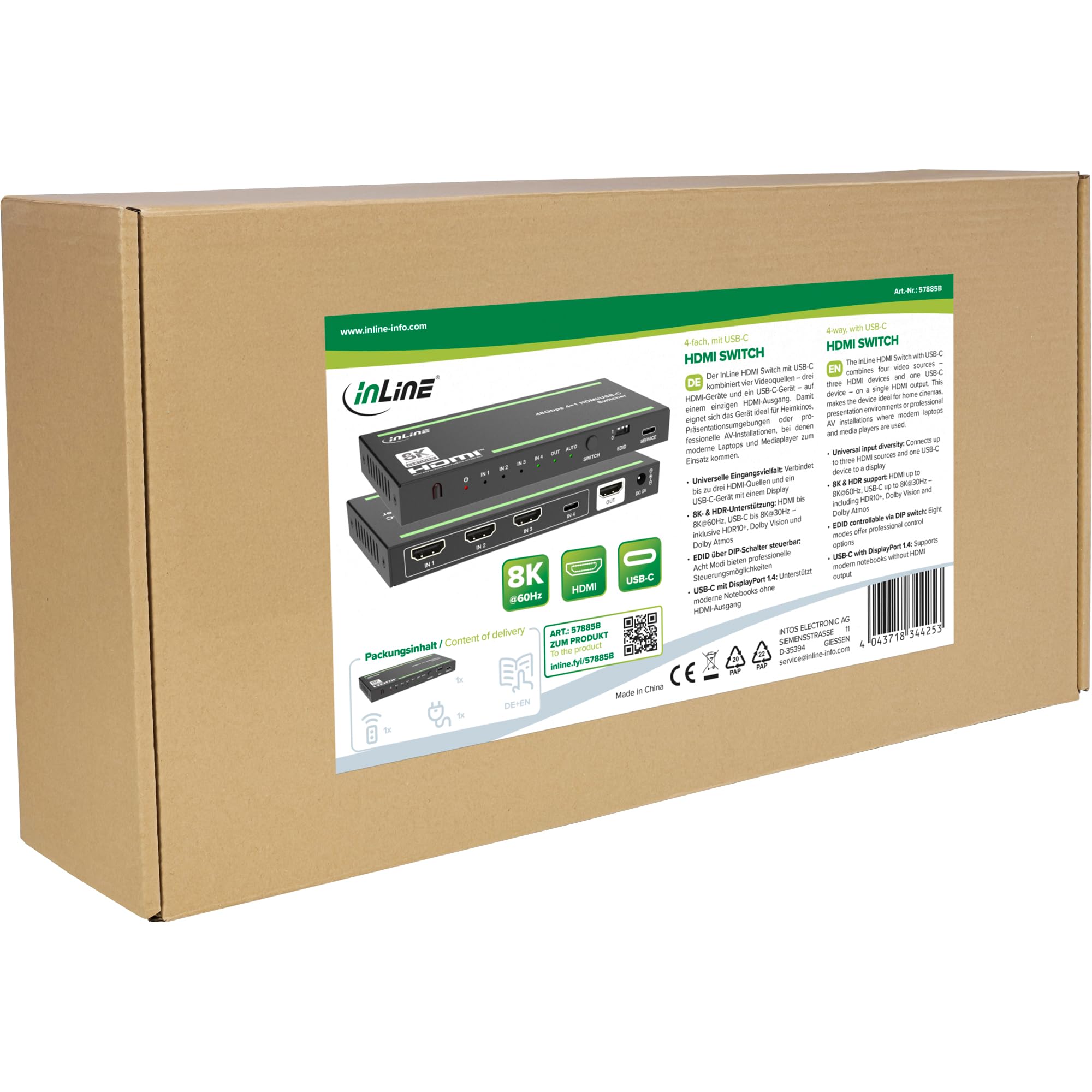 Inline Conmutador HDMI de 4 Puertos con USB-C, HDMI 2.1, 8 K @ 60 Hz, EDID, HDR10+, Dolby Vision, conmutación automática, Mando a Distancia por Infrarrojos, DisplayPort 1.4, 57885B