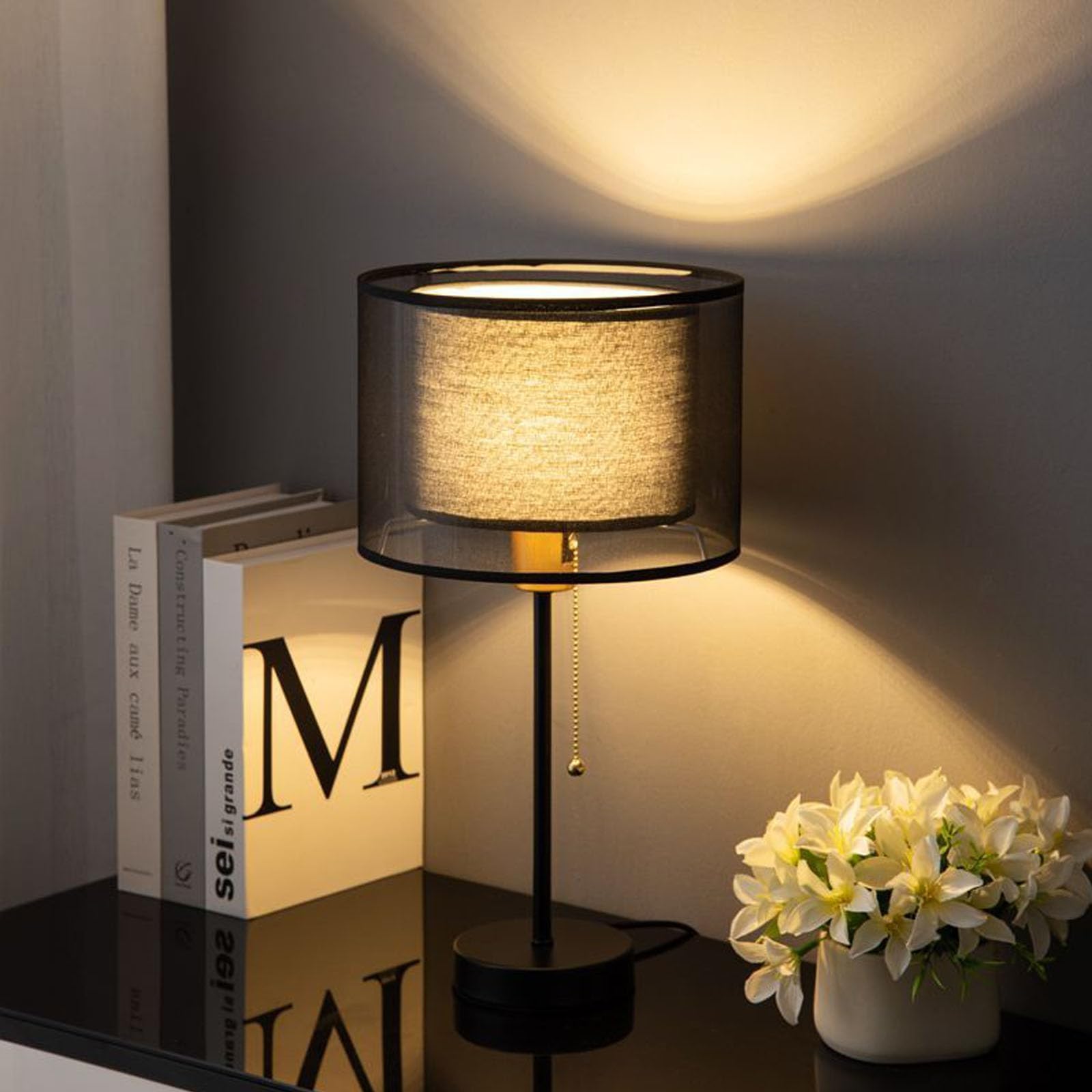 Bedside Table Lamps 3 Color Temperatures Table Light with Pull Chain Bedside Lamp Linen Black Lampshade Nightstand Lamp for Bedroom Kid Room Living Room Warm Desk Lamp (Black Double-Layer)
