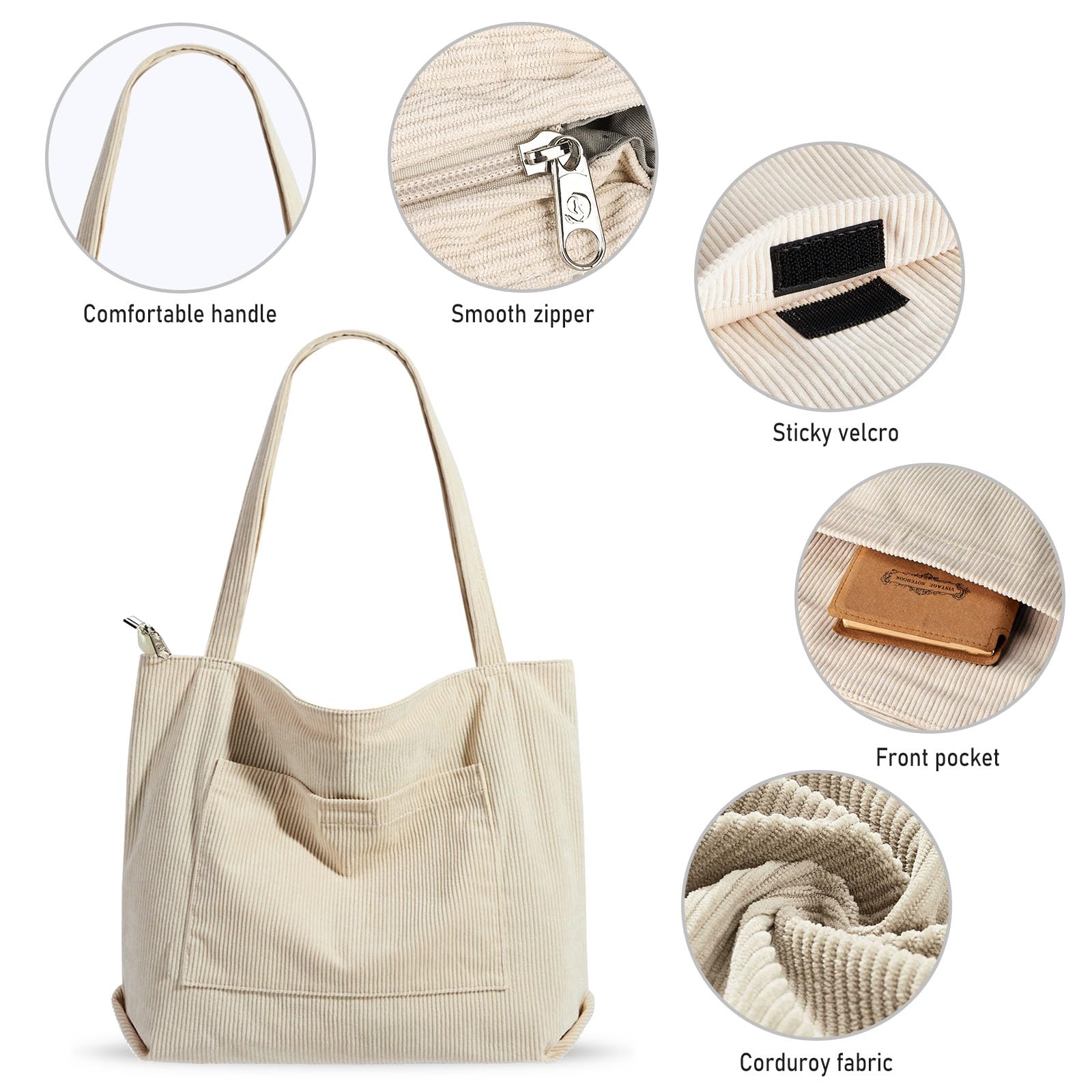 Tote Bag Sac Fourre Tout Femme Sac Cabas Femme en Velours Côtelé Sac Bandouliere Grand Sac a Main Femme Sac Cours Sacs de Courses Sac Tissu avec Fermeture Éclair et Poches