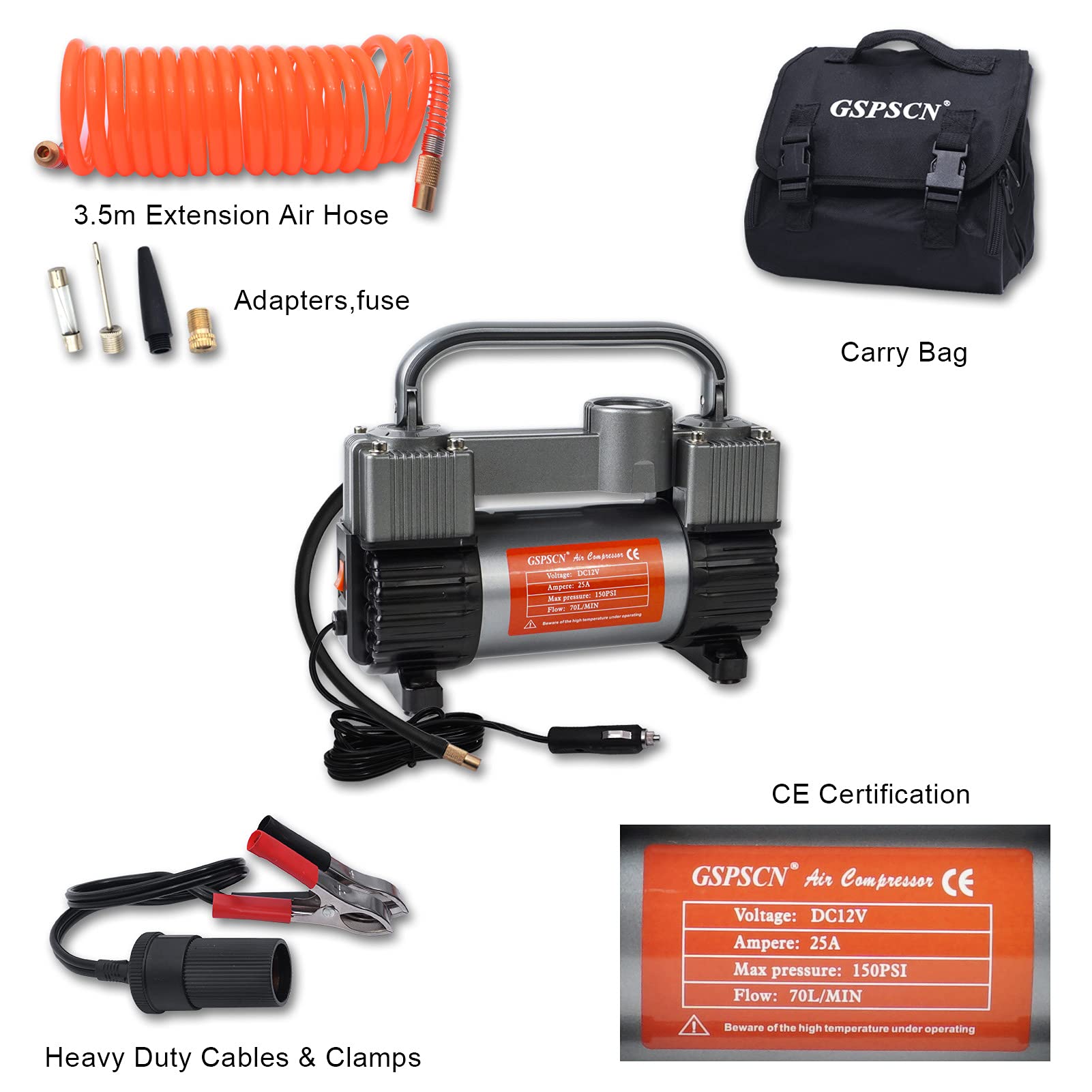 GSPSCN Tire Inflator Heavy Duty Double Cylinders, Portable Metal DC 12V