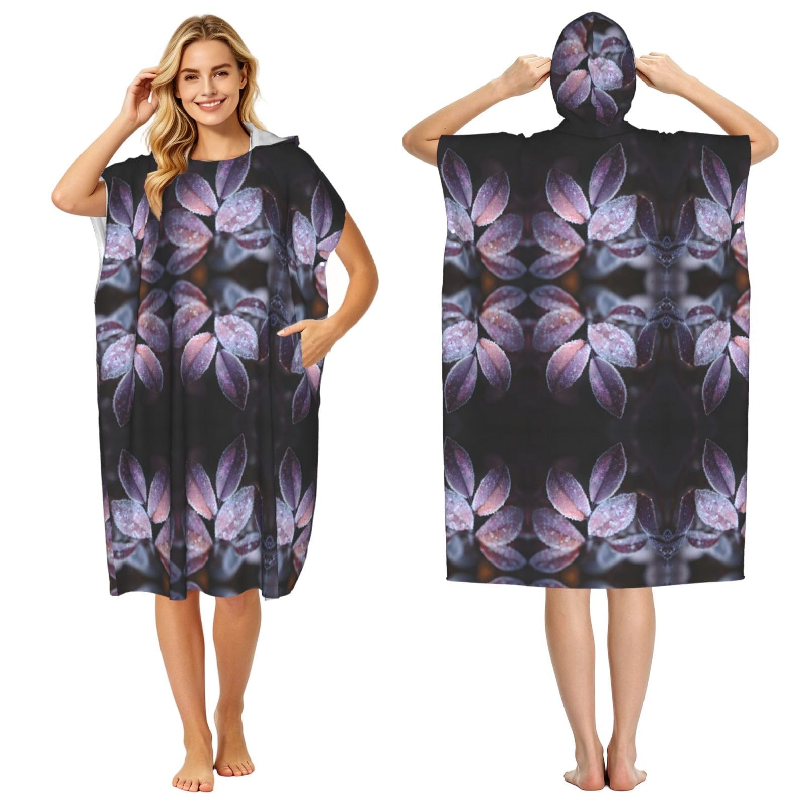 EZDLOWVBA Frosted Lilac Leaves Print Hooded Poncho Microfiber Beach Towel,Adult Women & Men Changing Robe,Lightweight Summer Surf Swim Bath Poncho Towel