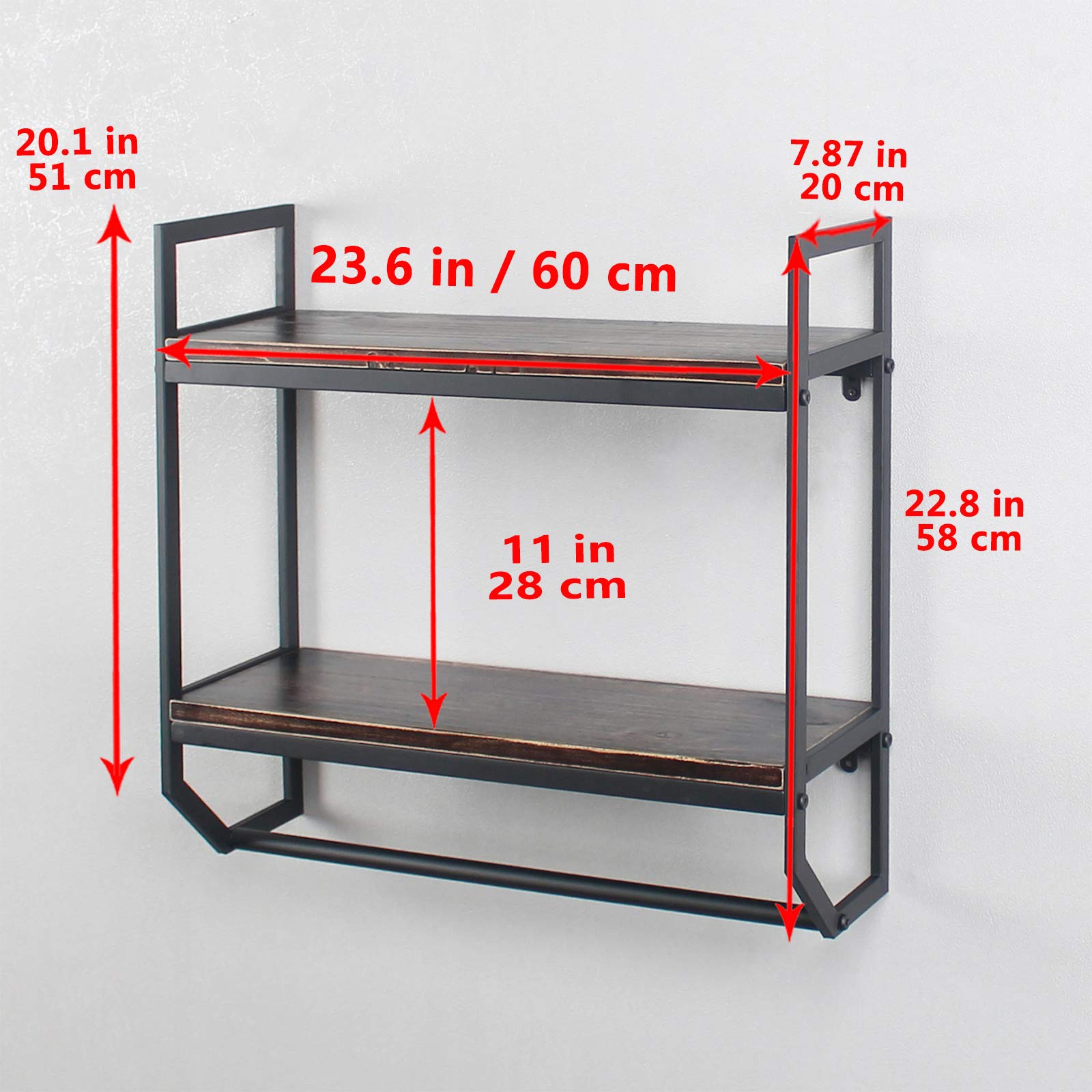2-Tier Metal Industrial 23.6" Bathroom Shelves Wall Mounted,Rustic Wall Shelf Over Toilet,Towel Rack with Towel Bar,Utility Storage Shelf Rack, Floating Shelves Towel Holder,Retro Black 4