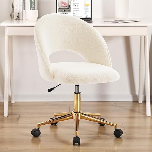 Miniatura 7 de Furnimart Silla de oficina en casa, moderna silla giratoria con base dorada, silla de escritorio sin brazos con ruedas, bonita silla de trabajo con