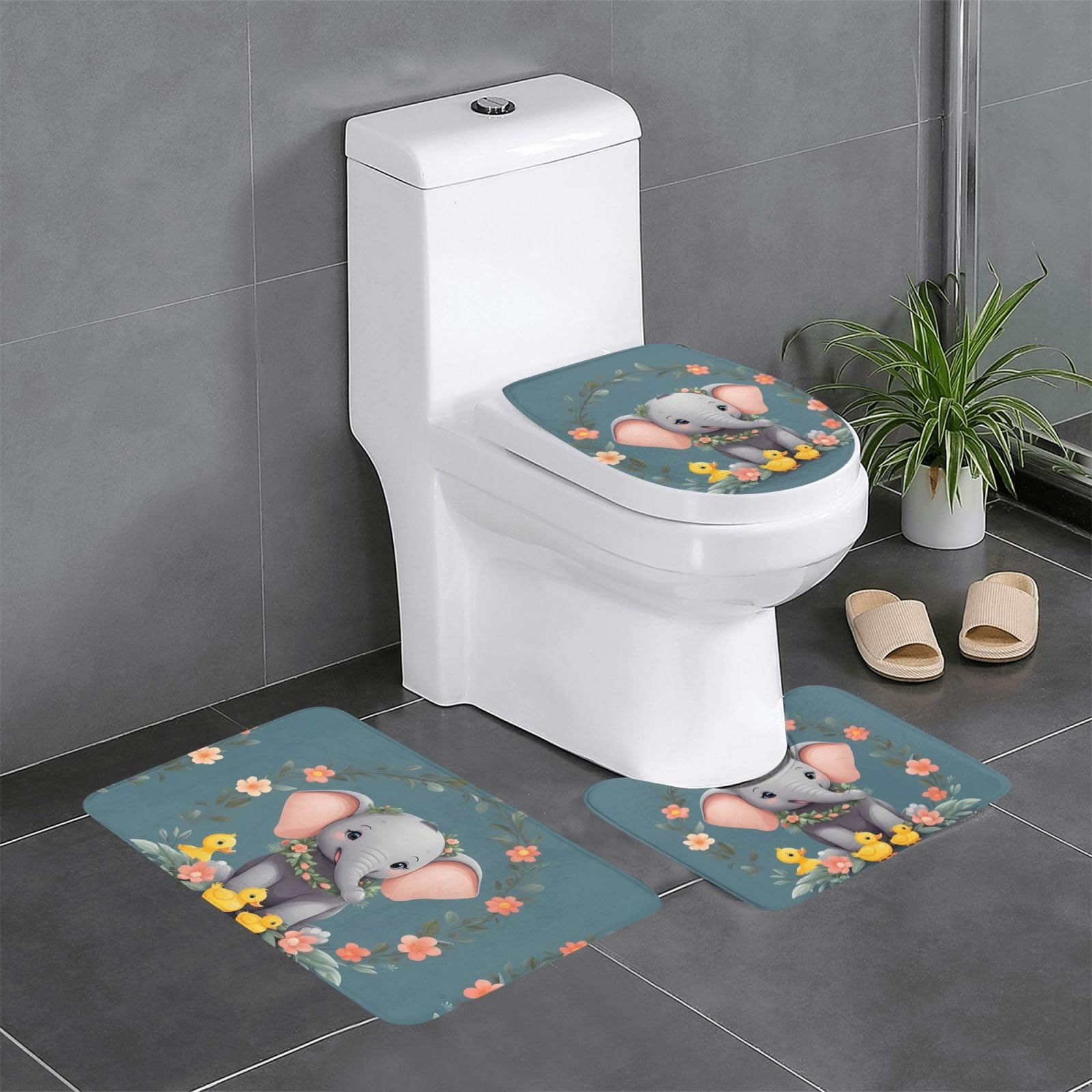Tapis de salle de bain antidérapants à motif éléphant : lot de 3 tapis ovales et rectangulaires
