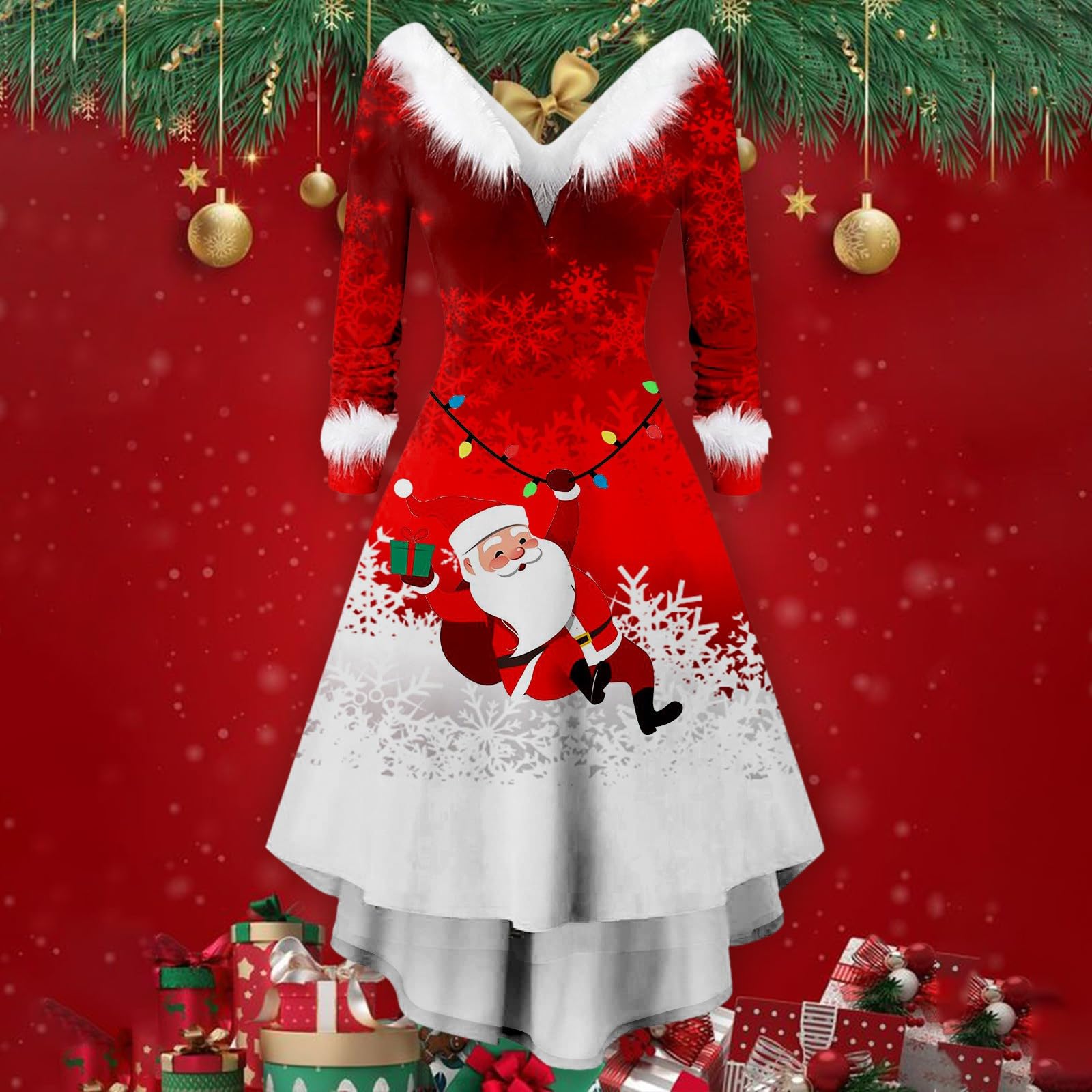 Babbo Natale Vestito- Vestiti Natalizi Donna Elegante Vestito di Natale con Scollo a V Abiti Stampa Natale a Linea Invernale Vestiti Christmas Vintage Costume da Babbo Natale Donna Abiti da Cerimonia