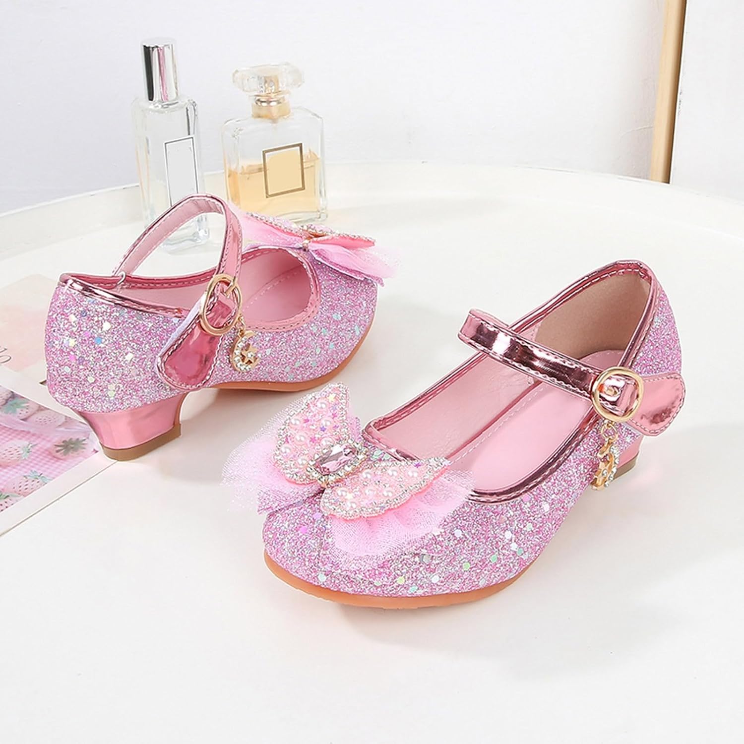 Flower Girls Wedding Party Heel Princess Shoes Cute Rhinestone Bow Glitter Ankle Strap Wedding Party Princess Shoes