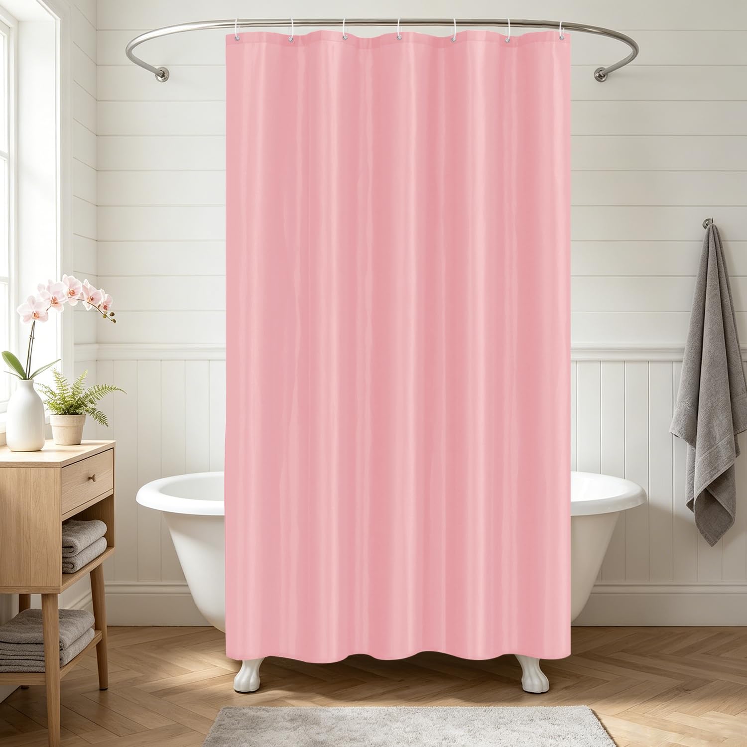 LUKDUNG 100 x 200 cm Polyester Textile Shower Curtain Anti-Mould for Bathroom, Curtain for Bathtub Shower Made of Fabric Waterproof Washable Shower Curtain with 7 Hooks Pink