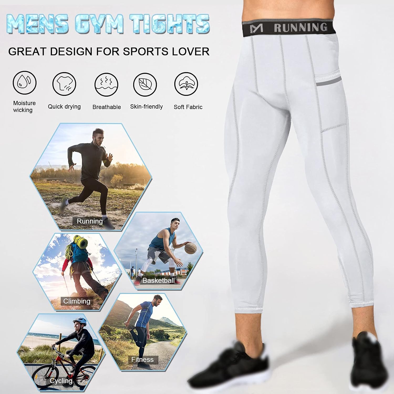 MEETYOO Men's 3/4 Compression Pants with Pockets, Black+White+Blue, Medium - Image 6