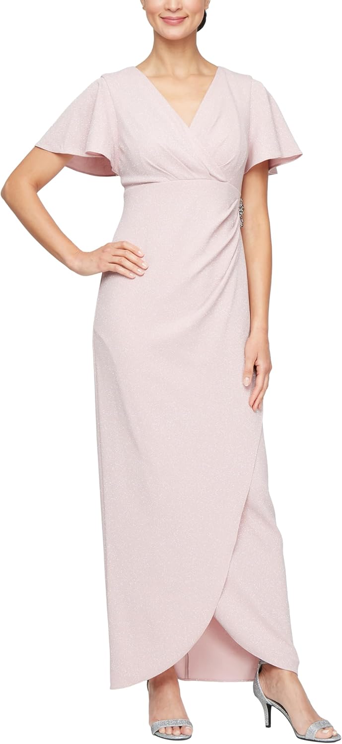 S.L. Fashions Womens Long Empire Waist Mother of The Bride Dress with Side Ruffle & Surplice Neck (Petite and Regular Sizes) 8 Petite Blush