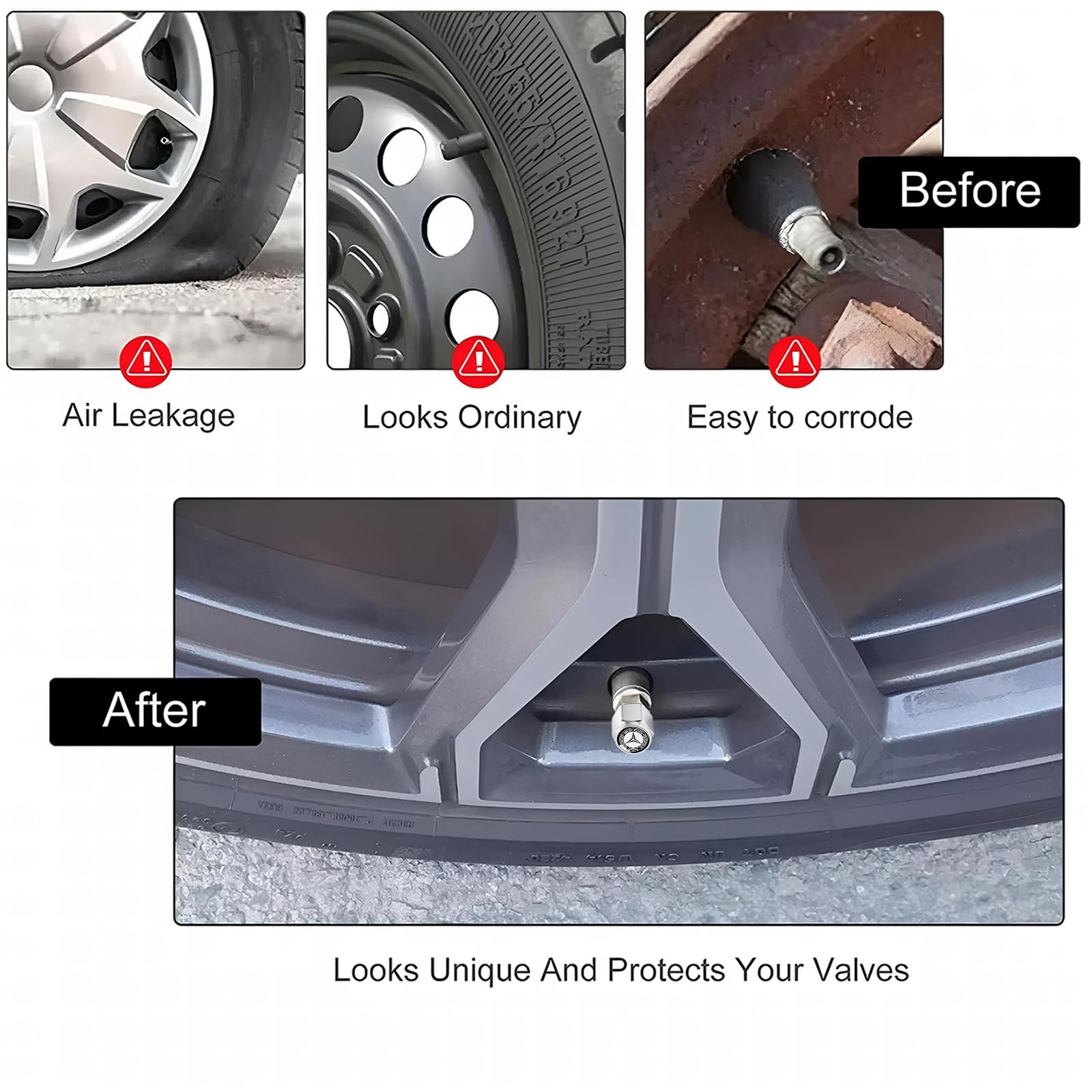 Tire Valve Stem Cap Cover Compatible for Mercedes Benz Series Belt O-Ring Seal tire Valve caps Silver 4 Pcs — view 3