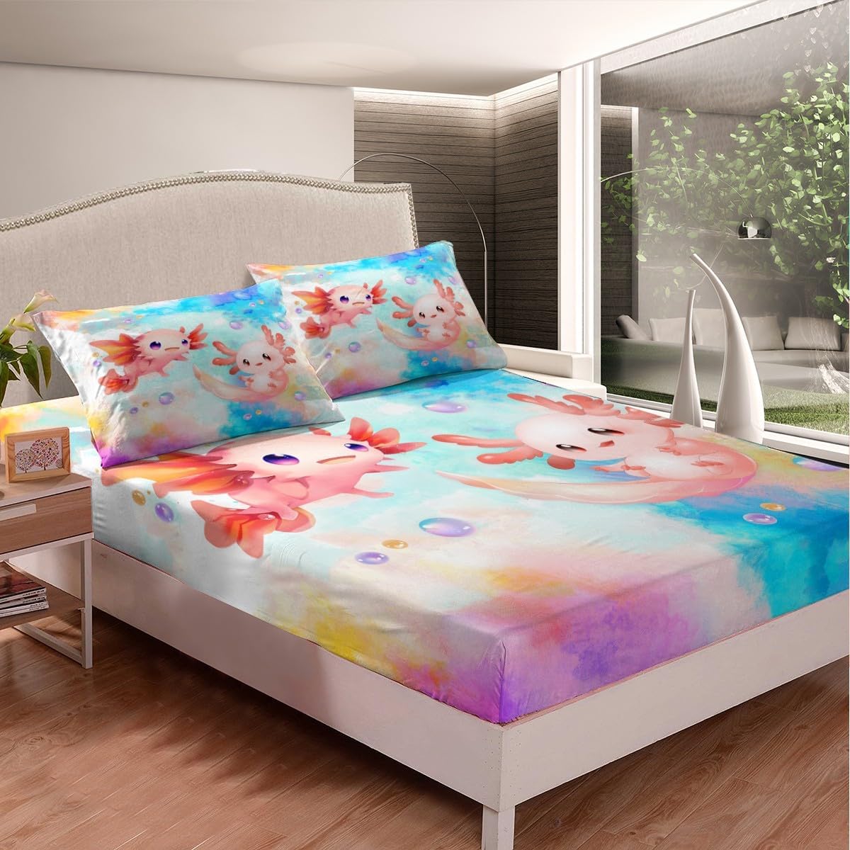 Cute Axolotl Bedding Set Twin Size Colorful Tie-dye Bed Set for Girls Teens Bedroom Decor Kids Kawaii Animals Fitted Sheet Soft Microfiber Watercolor Bed Cover(1 Fitted Sheet+1 Pillow Case)