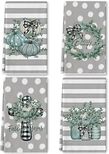 AnyDesign Toallas de cocina otoñales con diseño de calabaza, hojas de eucalipto, diseño de rayas grises, 18 x 28 pulgadas, toalla de cocina de