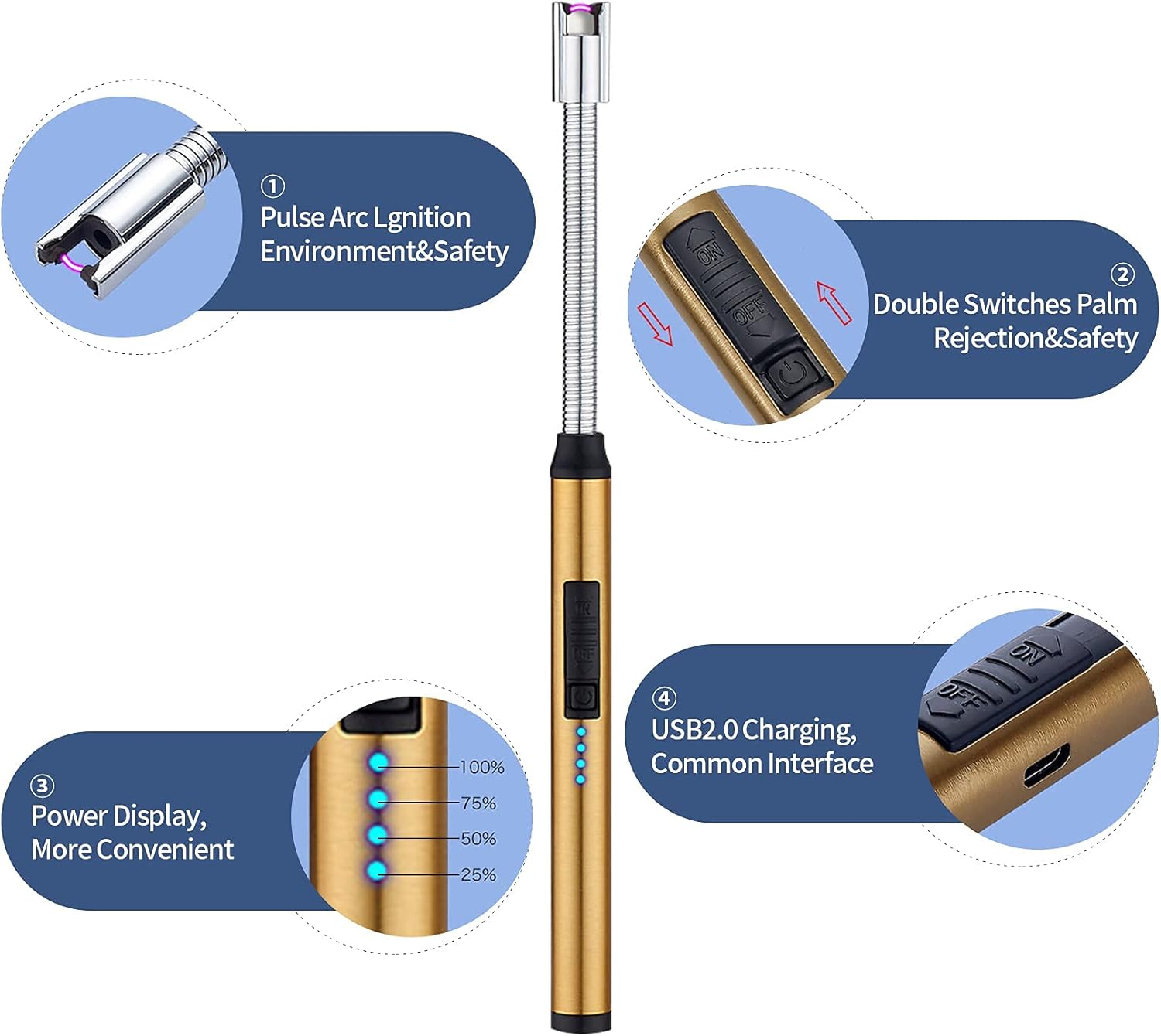 Premium Rechargeable Electric USB Lighter With Long Neck - LED Type-C Flameless Arc Lighter For Stove, Candles, BBQ, And Camping - 360° Flexible, Windproof, And Safe Design - Best Quality Multicolor Metal