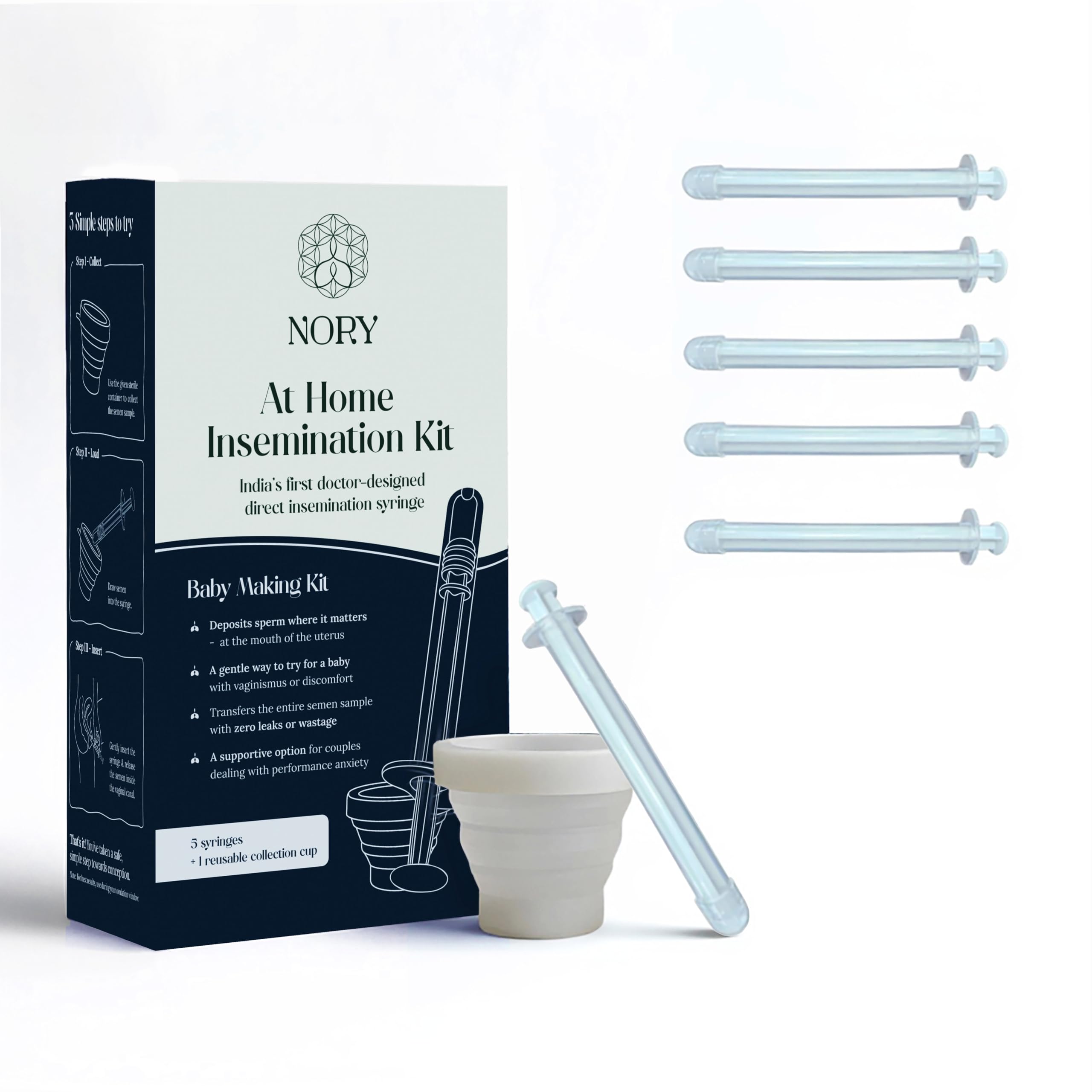 Nory At Home Self Insemination IVI Kit for Women, Designed By Fertility Doctor, Get Pregnant Naturally, Pack of 5 Syringes and1 Reusable Collection Cup with Instruction Manual