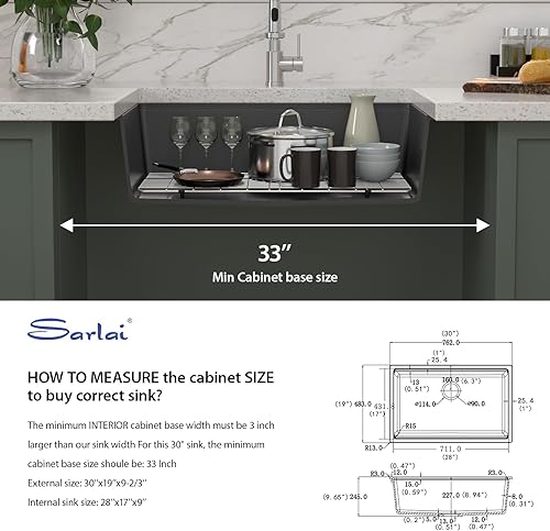 Miniatura 6 de Sarlai - Fregadero de cocina negro de 30 x 19 pulgadas para fregadero de cocina de 30 x 19 pulgadas, compuesto de cuarzo negro mate, cuenco