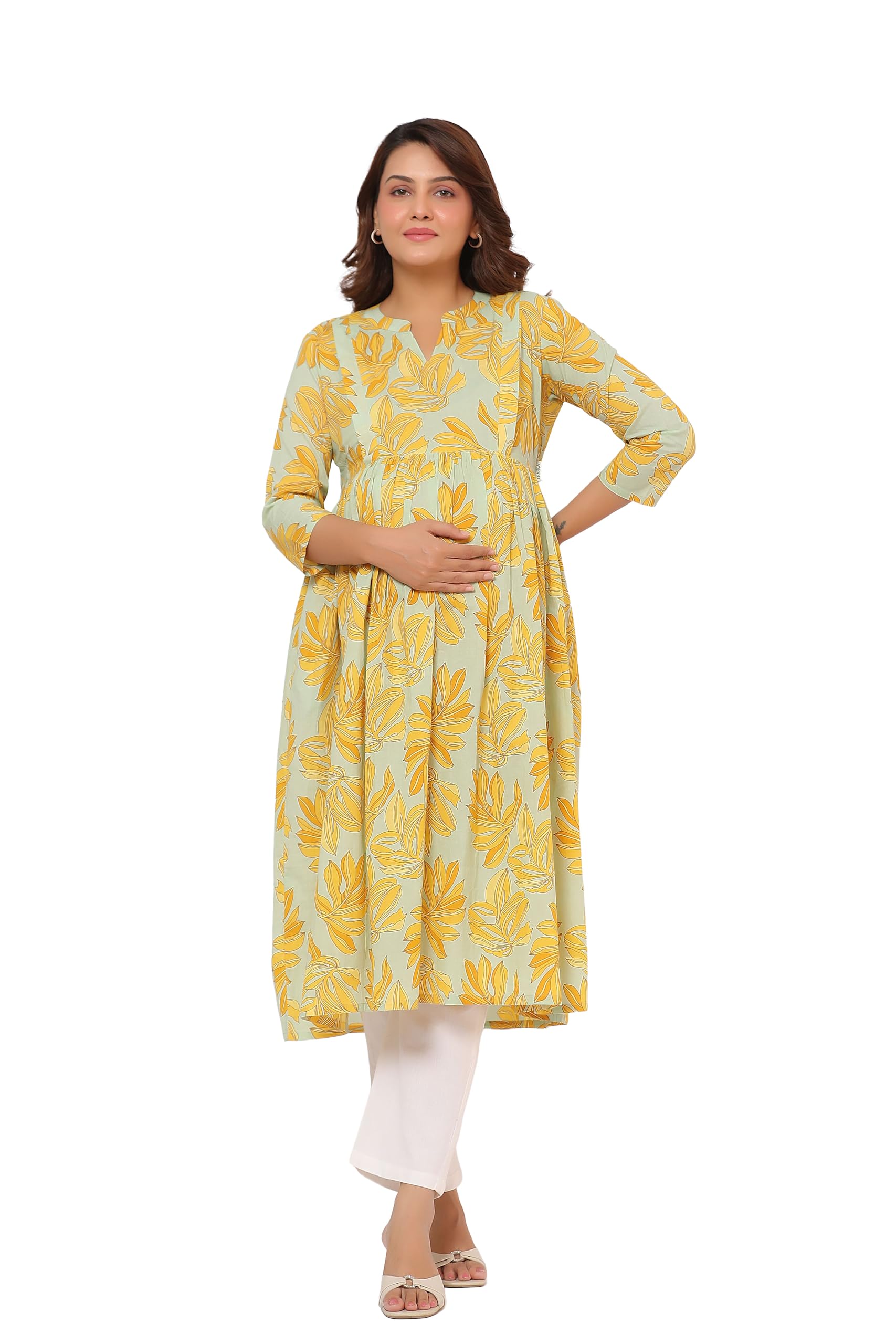 Pre & Post Maternity/Nursing Wear Hand Printed Kurta Cum Midi Dress/Nighty with Both Sides Zipper Easy Feeding to Be Moms & Nursing Mothers Cotton Latte Leaf-image-21