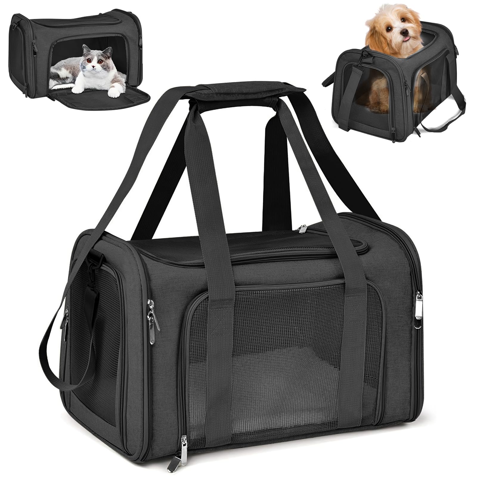 45 x 30 x 30 cm Breathable Foldable Cat Carrier with Adjustable Shoulder Strap and Soft Mattress, Small Dog Carrier for Dogs, Cats, Travel (Black)