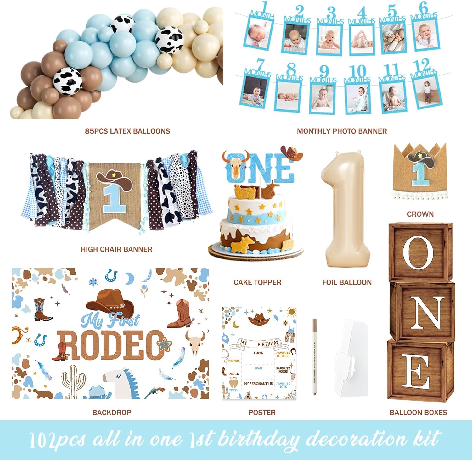 My First Rodeo Decorations Boy – 102 PCs Western Cowboy 1st Birthday Party Supplies Set with Backdrop, Blue Brown Balloon Garland, Photo Banner Highchair Banner, Poster, Boxes - Image 2