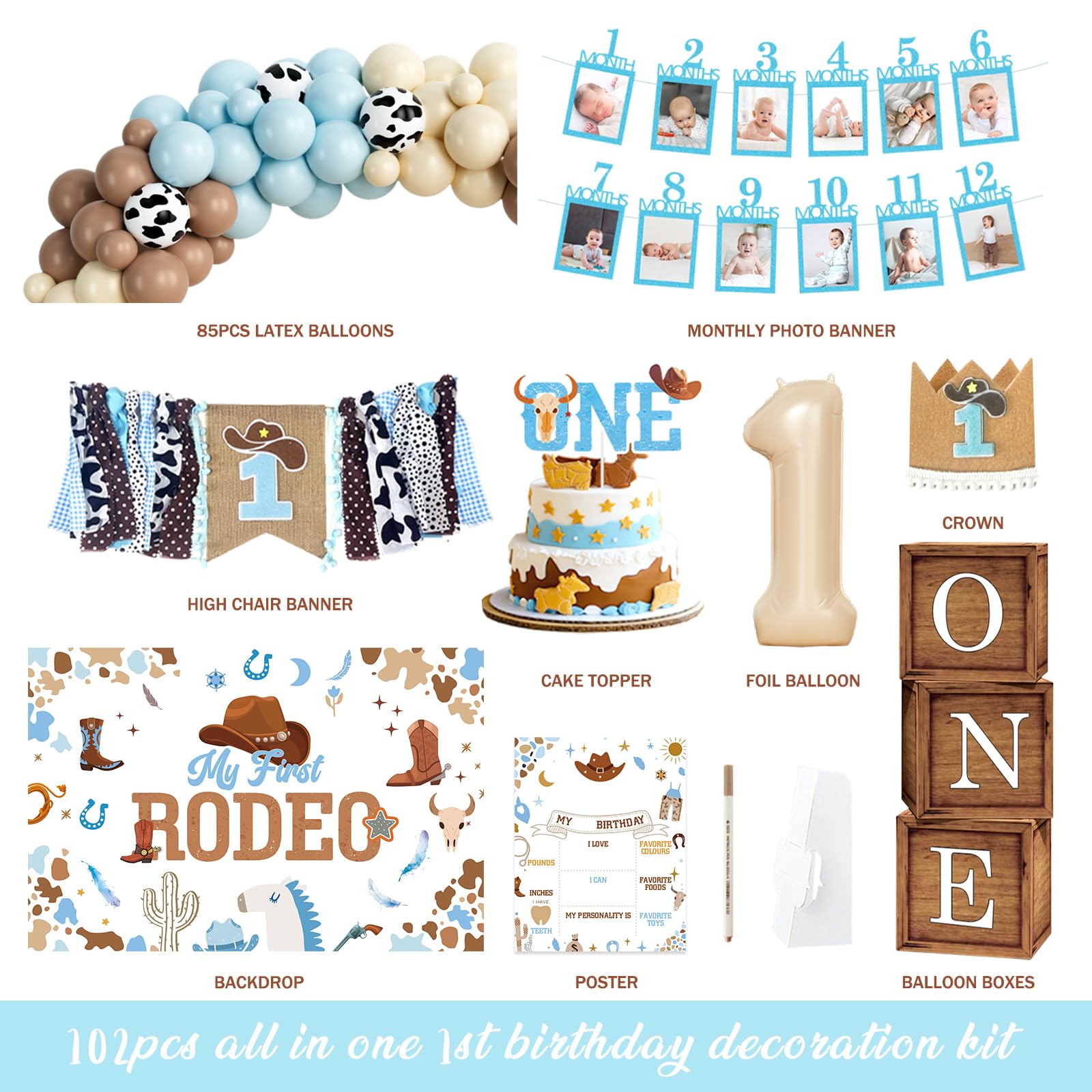 Hombae My First Rodeo Decorations Boy – 102 PCs Western Cowboy 1st Birthday Party Supplies Set with Backdrop, Blue Brown Balloon Garland, Photo Banner Highchair Banner, Poster, Boxes
