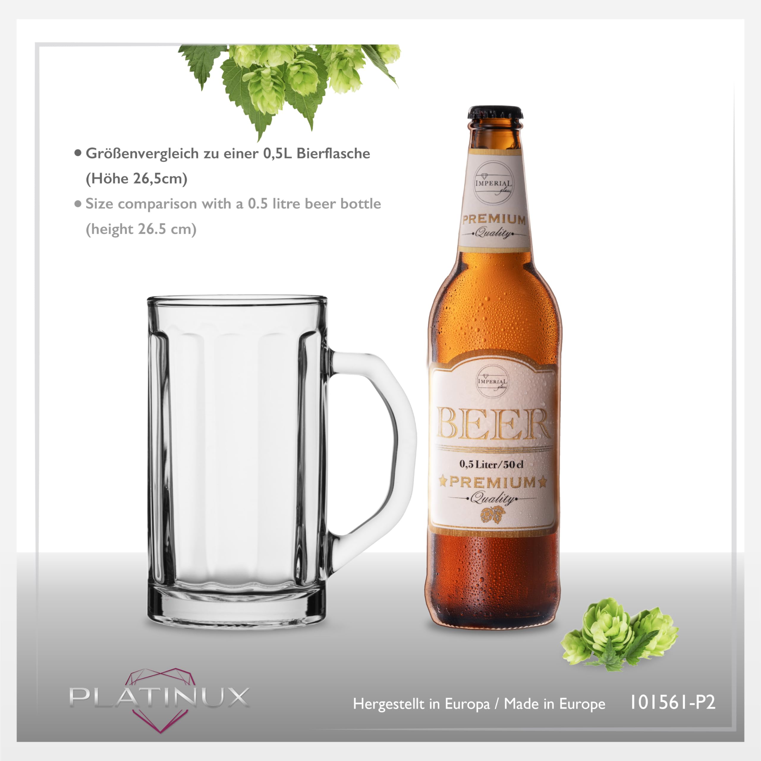 PLATINUX Zestaw 2-częściowy kufel do piwa z uchwytem ze szkła, 500 ml (maks. 650 ml), kufel do piwa o pojemności 0,6 l