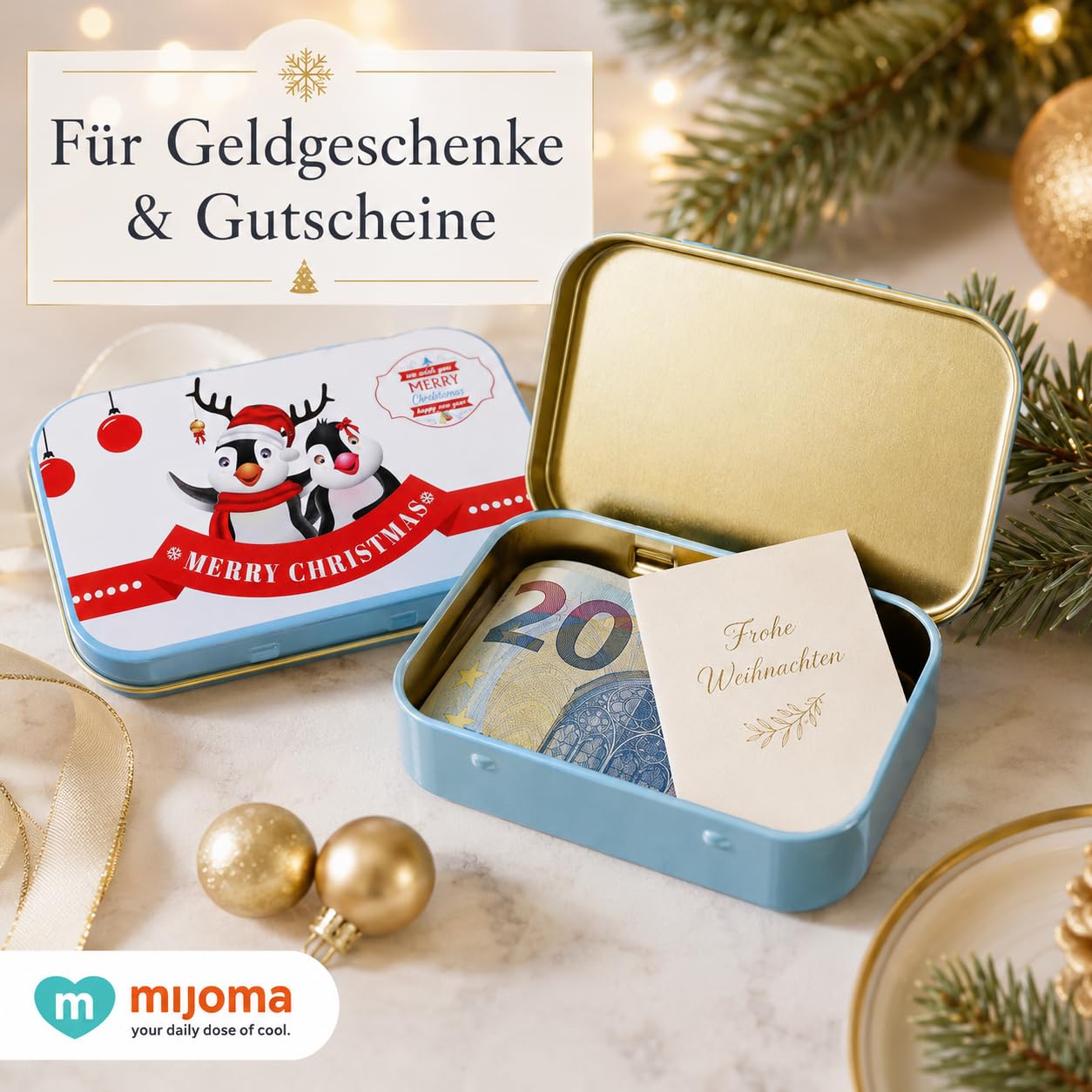 MIJOMA Set di 24 scatole di metallo natalizie, piccole scatole regalo per regali di denaro, buoni, cioccolatini e messaggi personali, confezione regalo nostalgica con coperchio ribaltabile