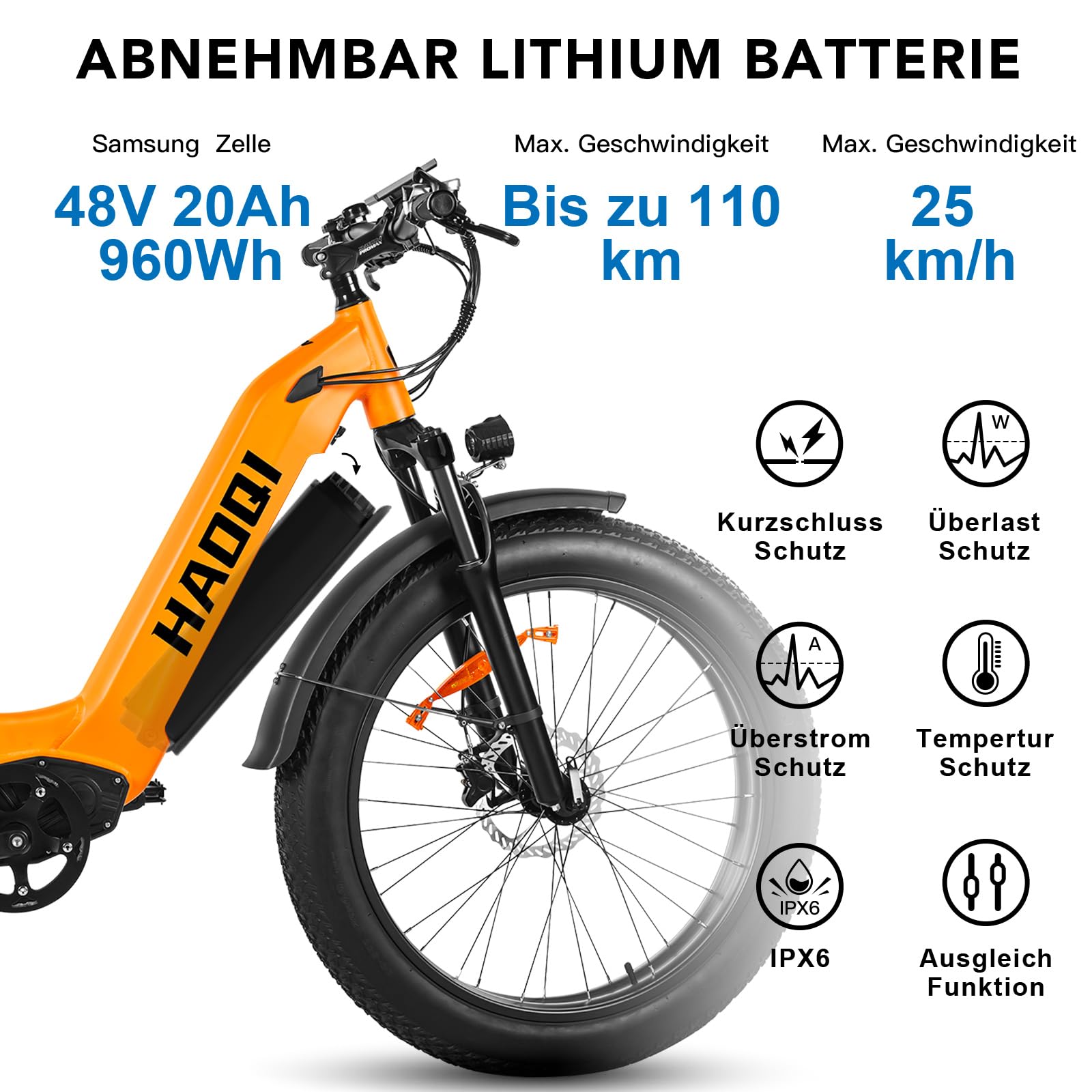 HAOQI Elektrofahrrad für Erwachsene, 250W bürstenloser Motor Mountainbike mit 48V 20AH herausnehmbarem Akku,26" x 4.0 Fat Tire Ebike, Elektrofahrrad mit 7 Gängen bis zu 25 km/h